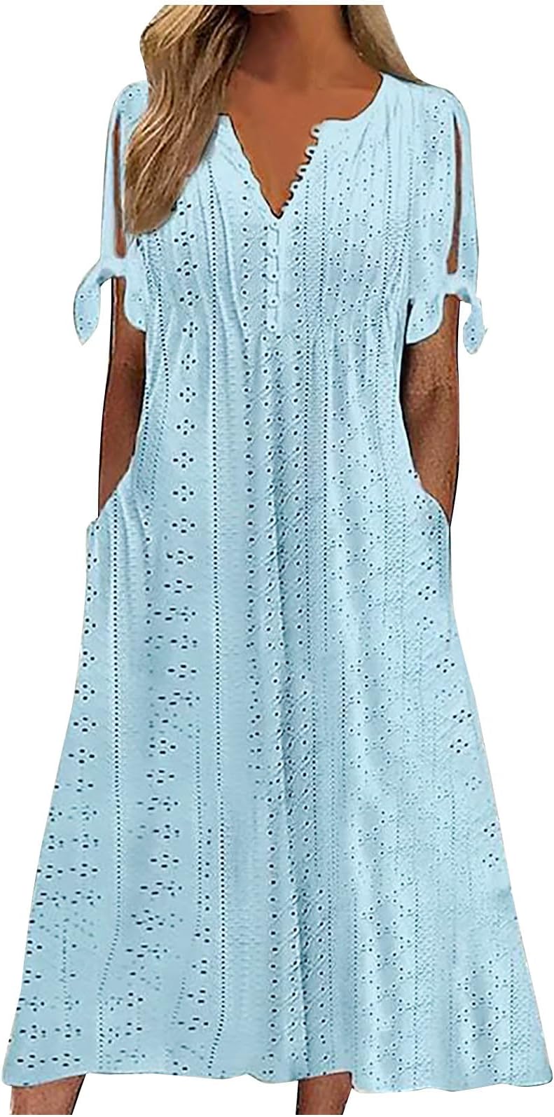 Elegant Summer Dresses for Women 2026 Trendy Tie Short Sleeve Button Down v Neck Eyelet Maxi Long Tshirt Dress
