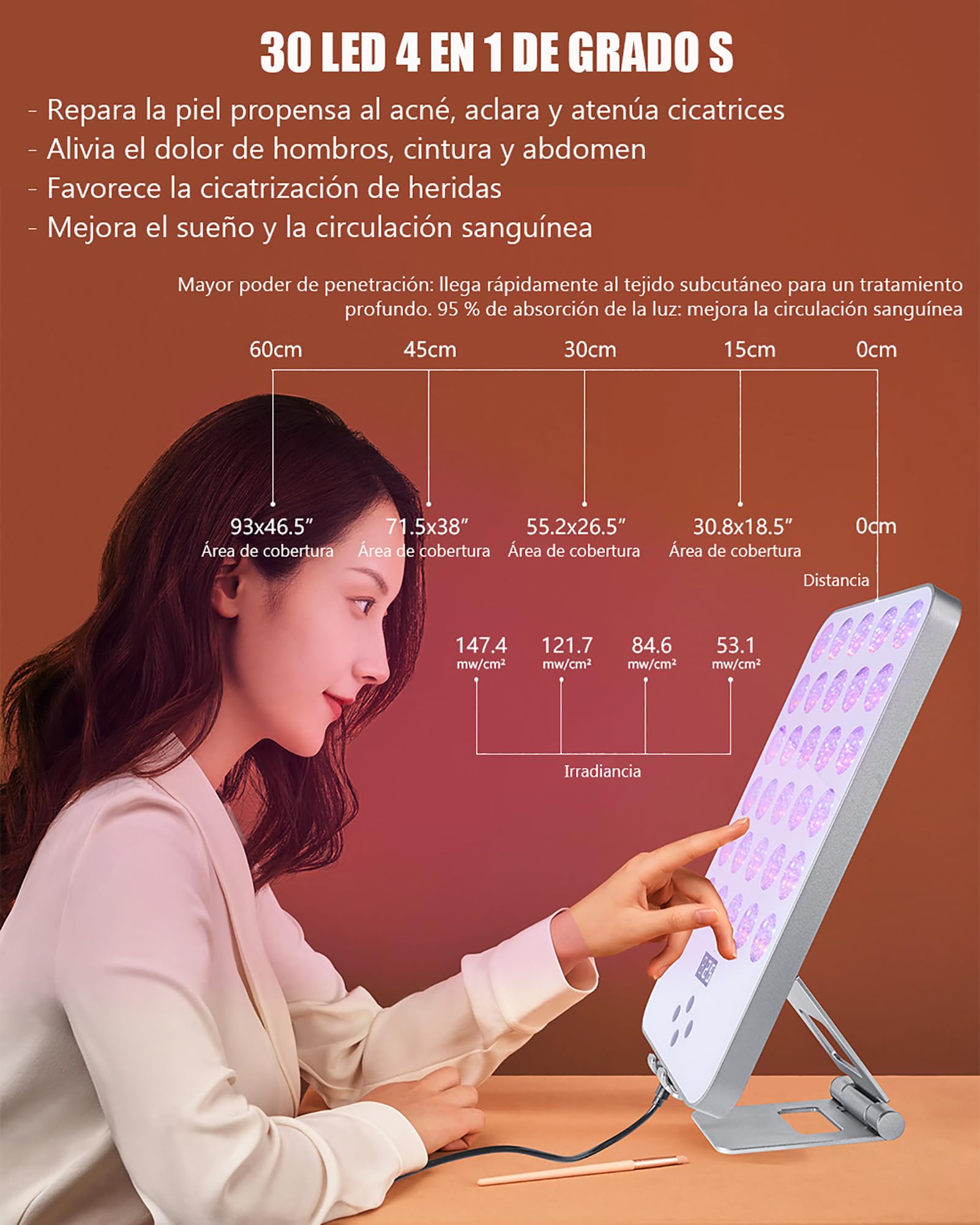 GOURIXIN Panel De Terapia De Luz Roja LED para El Rostro, Dispositivo De Terapia De Luz Roja Infrarroja Cercana De 460 Nm/595 Nm/660 Nm/850 NM, con Soporte Y Gafas Protectoras