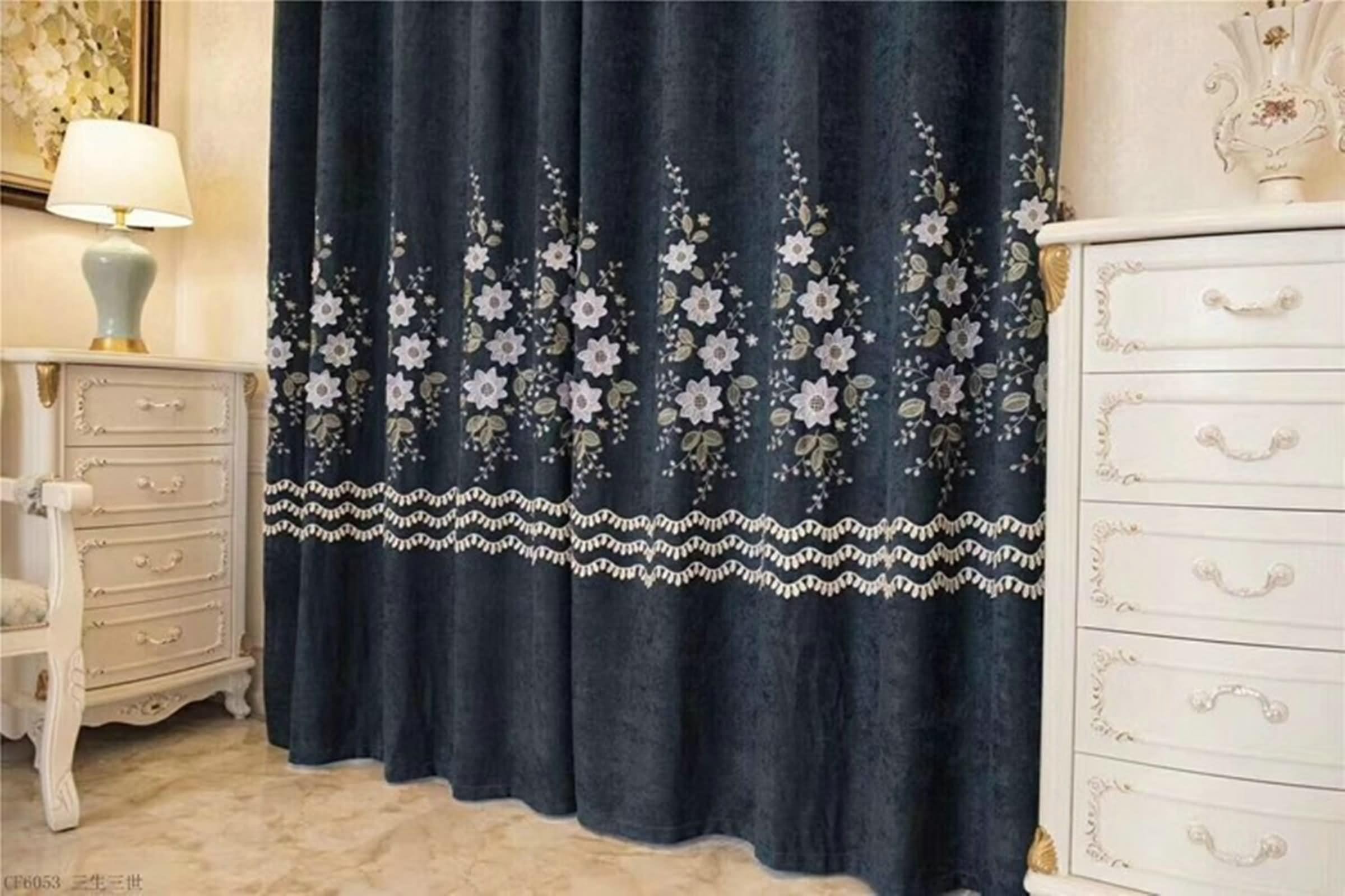 Zasłona okienna do łazienki, zasłona do sypialni dla dorosłych boho niebieskie haftowane kwiaty i liście szenilowe zestaw 2 szt. 86 W x 115 L cm