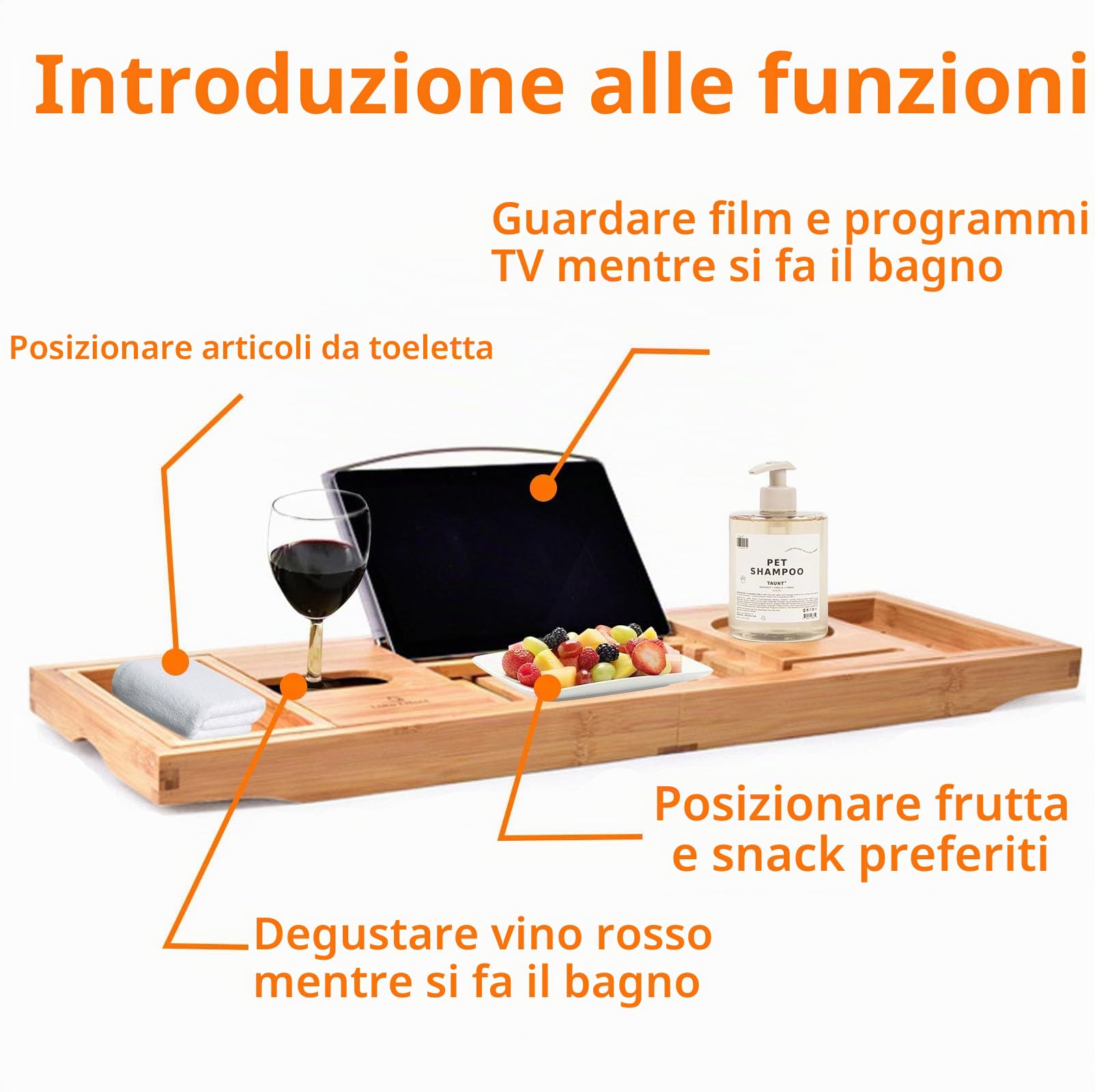 Vassoio Vasca da Bagno Bambù Estensibile con Supporto Libri, Vassoio Legno Portaoggetti Regolabile, Accessori Bagno Impermeabile Pieghevole Facile da Riporre per Nuova Casa, Regali Compleanno