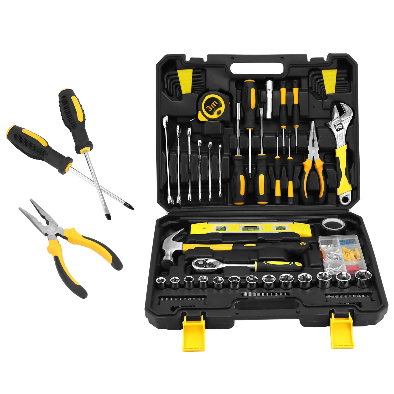 QWORK® Cassetta Attrezzi Completa, Valigetta Attrezzi 140 Pezzi, Cassetta Attrezzi con Cacciavite e Chiave Inglese, per Edilizia e Casa