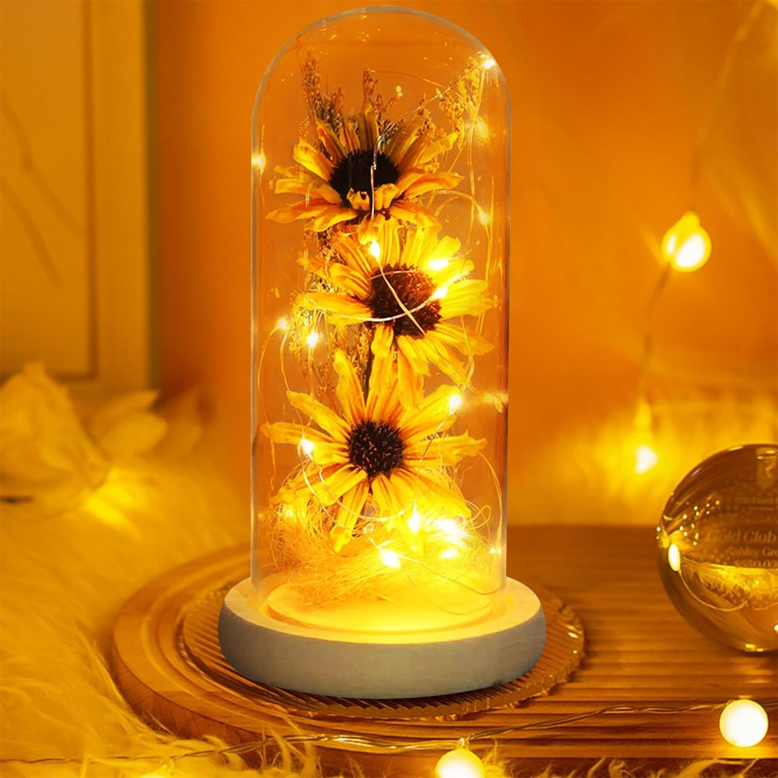 Crayfomo Women's Yellow Mother's Day Sunflower Gifts For Eternal Sunflowers In Glass Dome, Romantic Gifts For Mother Grandmother Girlfriend For Birthday Anniversary Wedding Mother's Day