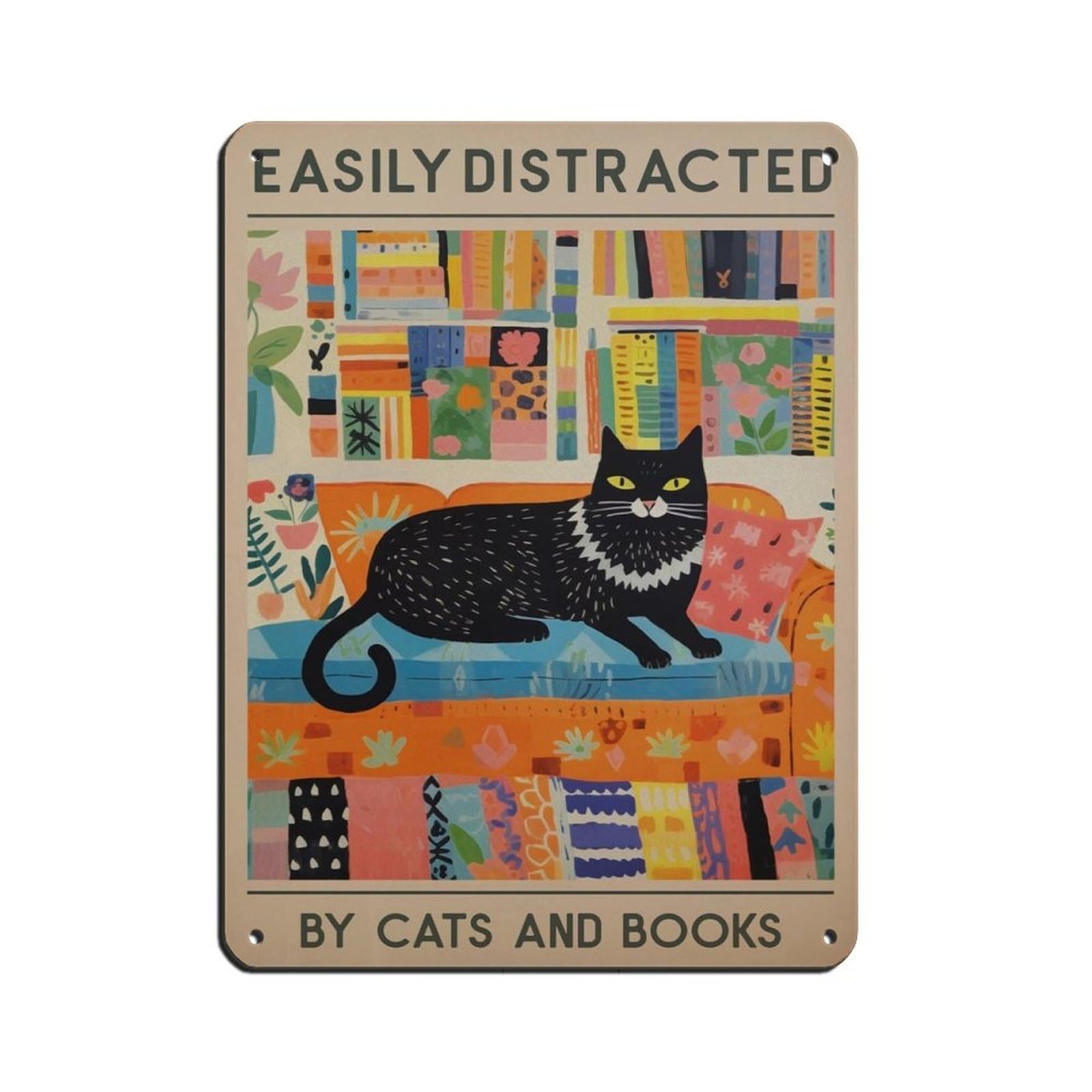 Cat And Books Poster, Vintage Book, Library Poster Retro Poster Metal Tin Sign Chic Art Retro Iron Painting Bar People Cave Cafe Family Garage Poster Wall Decoration 12x16inch(30x40cm)