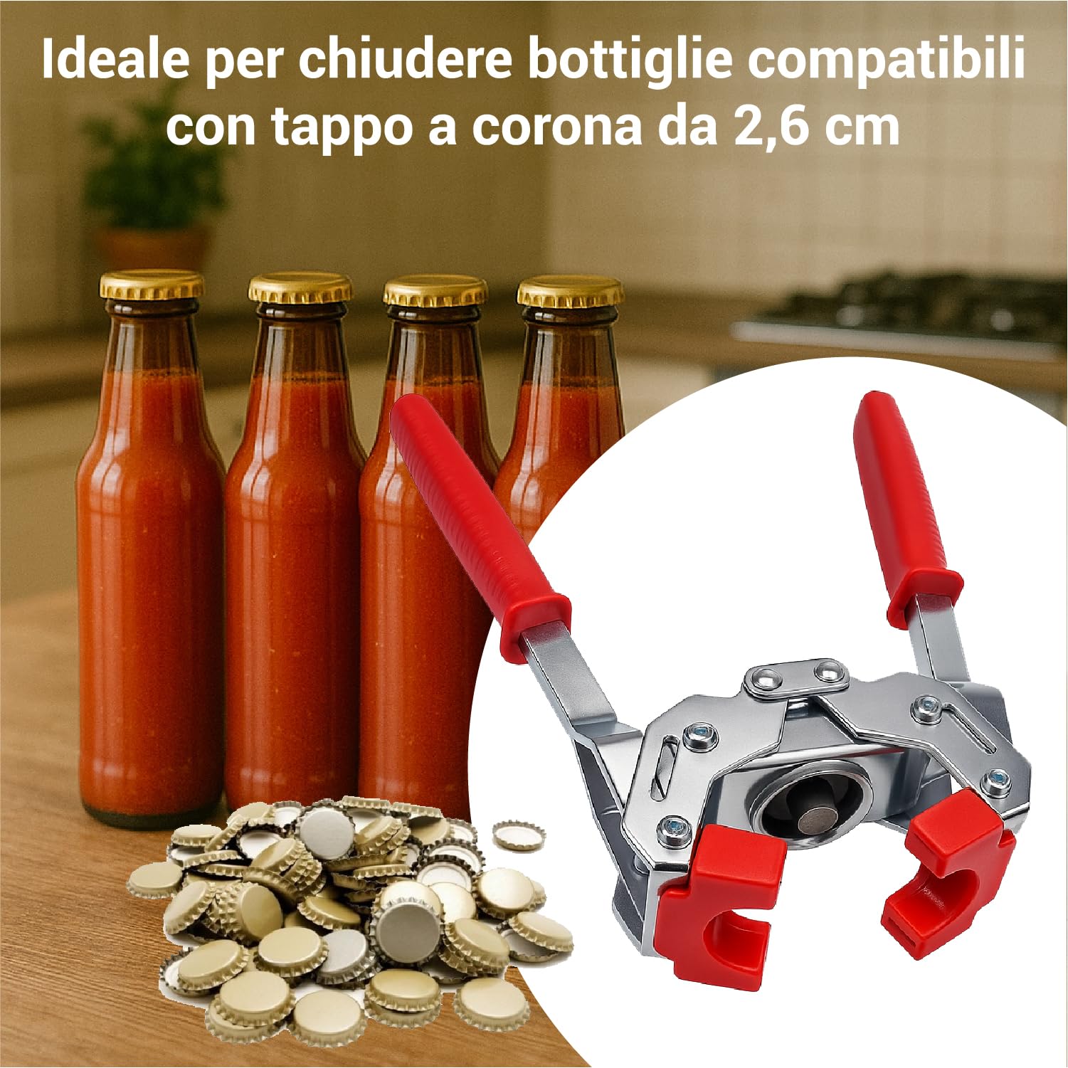 Crisalide® - Tappatrice a Due Leve per Tappi a Corona Ø 26,5 mm, Inclusi 100 Tappi a Corona da Bollitura, Impugnatura Ergonomica per Vino Birra Conserve