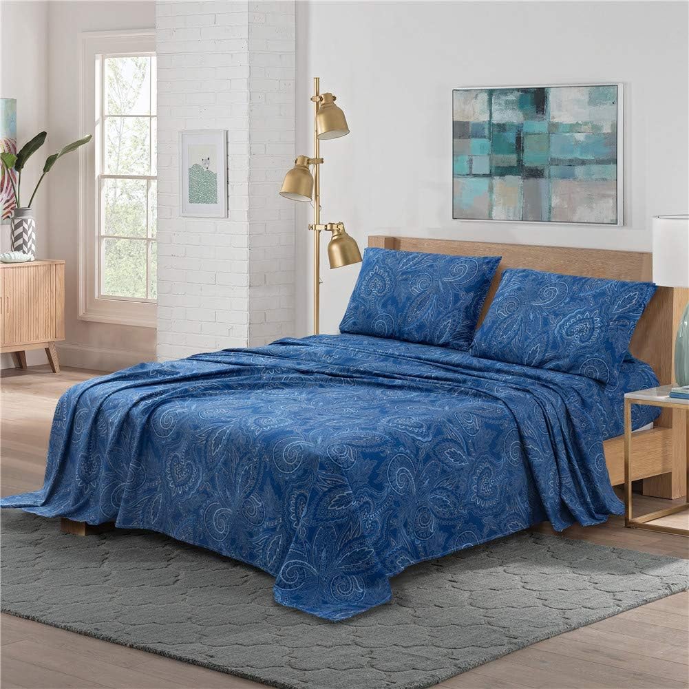 MEISHANG Sheet Set Queen Paisley Sheets Printed Sheets Ultra Soft 100% Microfiber-Deep Pocket Fitted Sheet+Flat Sheet+Pillowcase-4 Pieces Dark Navy Blue Queen: Kitchen & Dining