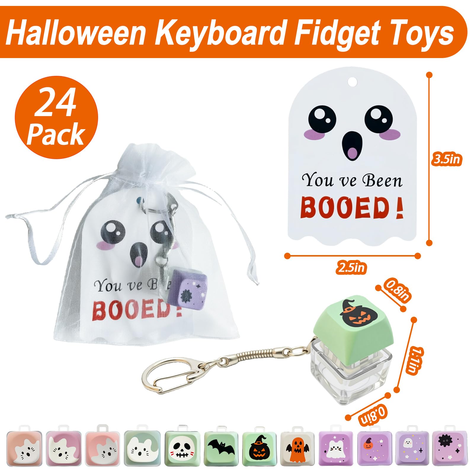Paquete de 24 juguetes para ansiedad con teclado de Halloween, lindo llavero de calabaza fantasma, divertido juguete de escritorio para aliviar el estrés en la oficina, gadgets geniales para hombres y