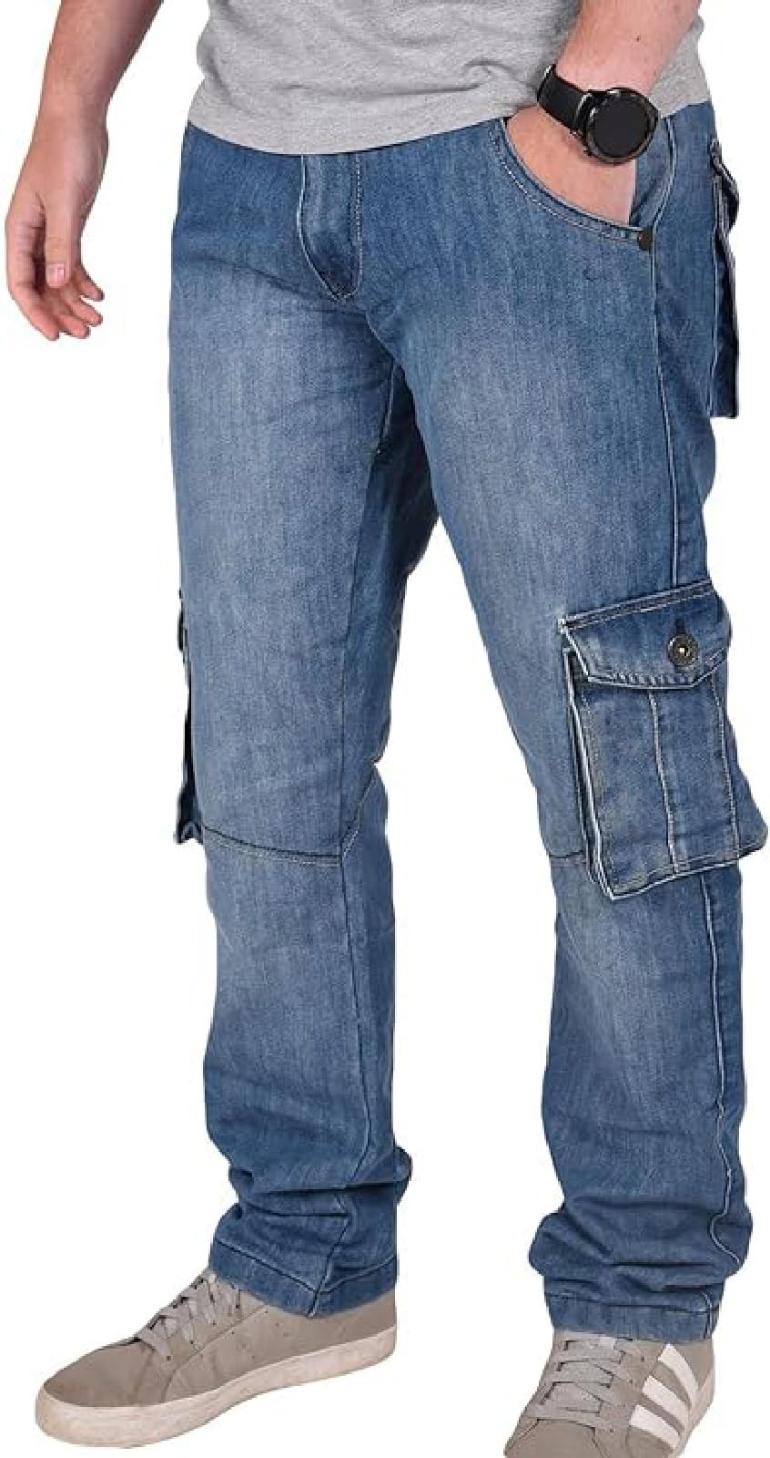 True Face Mens Jeans Cargo Combat Denim Regular Fit Trouser Casual Multipocket Bottoms Zip Fly Pants Dark Wash 36W / 34L