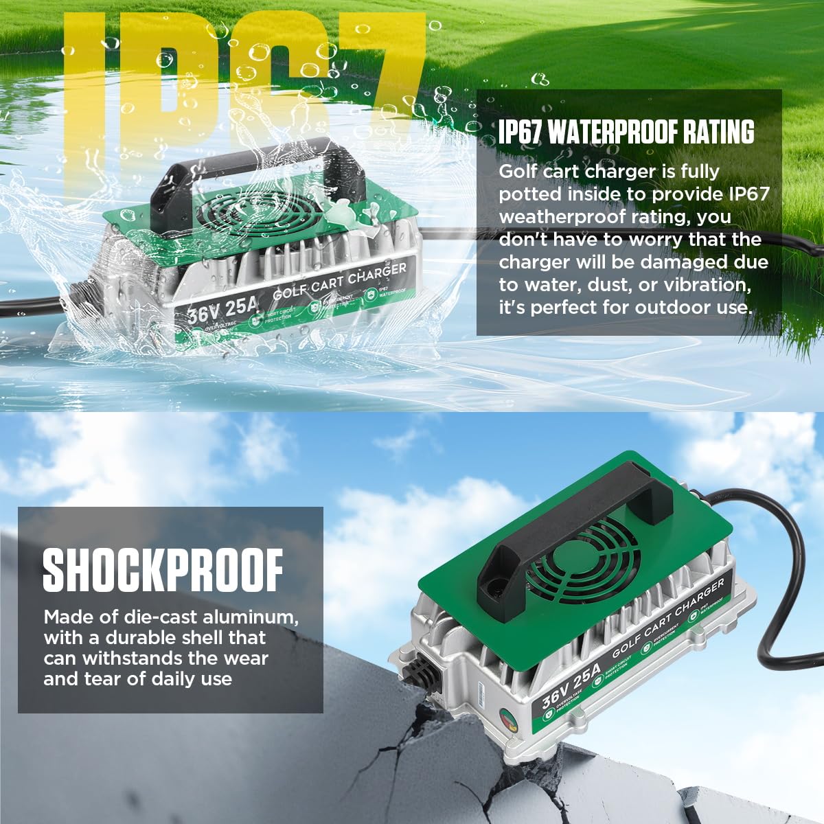 Caricabatteria da golf cart da 25 A, 36 V, per EZGO/Yamaha/Club Car 36 V, caricabatterie per golf cart IP67, impermeabile, completamente automatico, ricarica rapida intelligente con cavo da 16 m, per