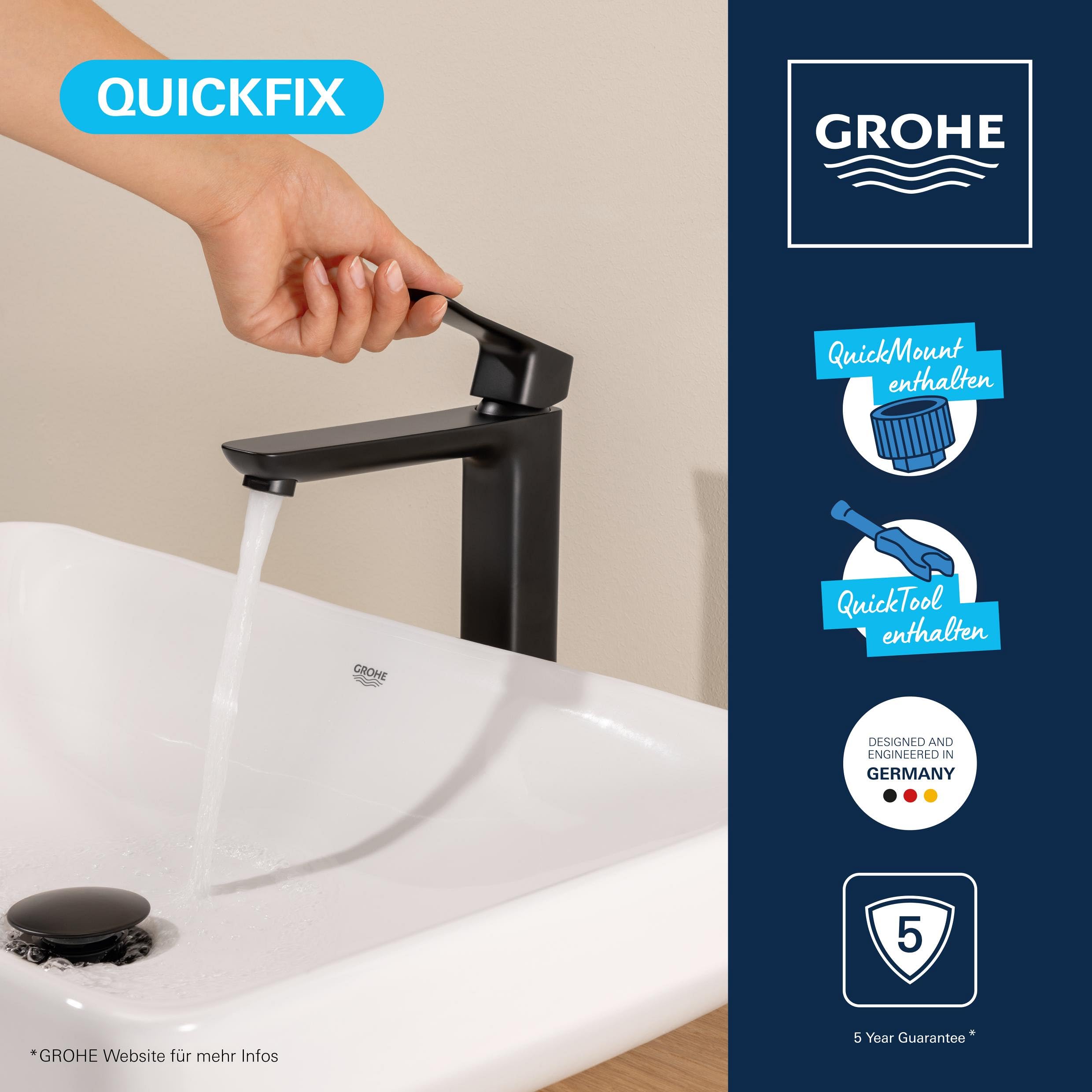 GROHE Dice, Waschtischarmatur hoch, wassersparend (Wasserhahn für das Bad, Badarmatur mit Zugstangen-Ablauf, 27cm hoch, 3in1 Werkzeug, einfache Installation am Waschbecken), mattschwarz, 1018922430
