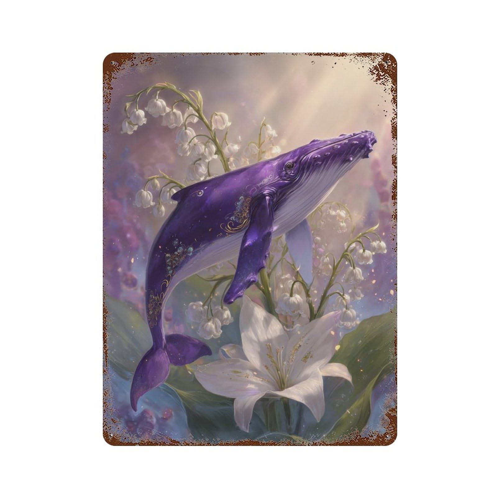 Purple Whale with Flowers-1 Rust Effect Tin Sign 15.7"x11.8", Industrial Home Decor for Cafe, Home Bar And Lounge Decor