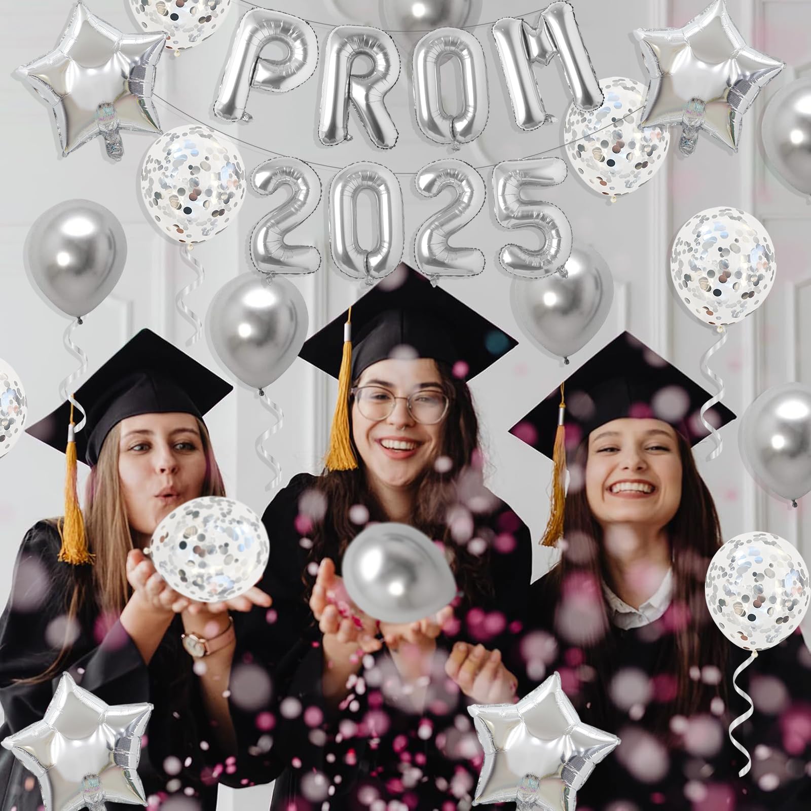 Gidobo Prom 2025 Balloons, Silver Foil Banner with 16pcs Latex Balloons for 2025 Graduations College High School Grad Party Supplies - Image 2