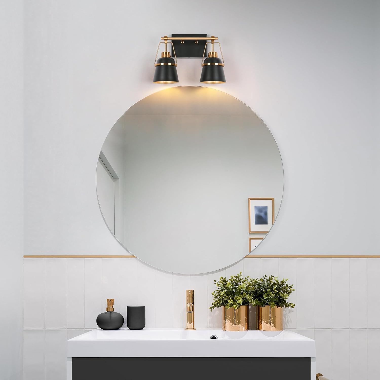 Black Gold Bathroom Light Fixtures, Modern Farmhouse Vanity Lights with Metal Shade, 2 Light Electroplated Brass Vanity Lighting Over Mirror