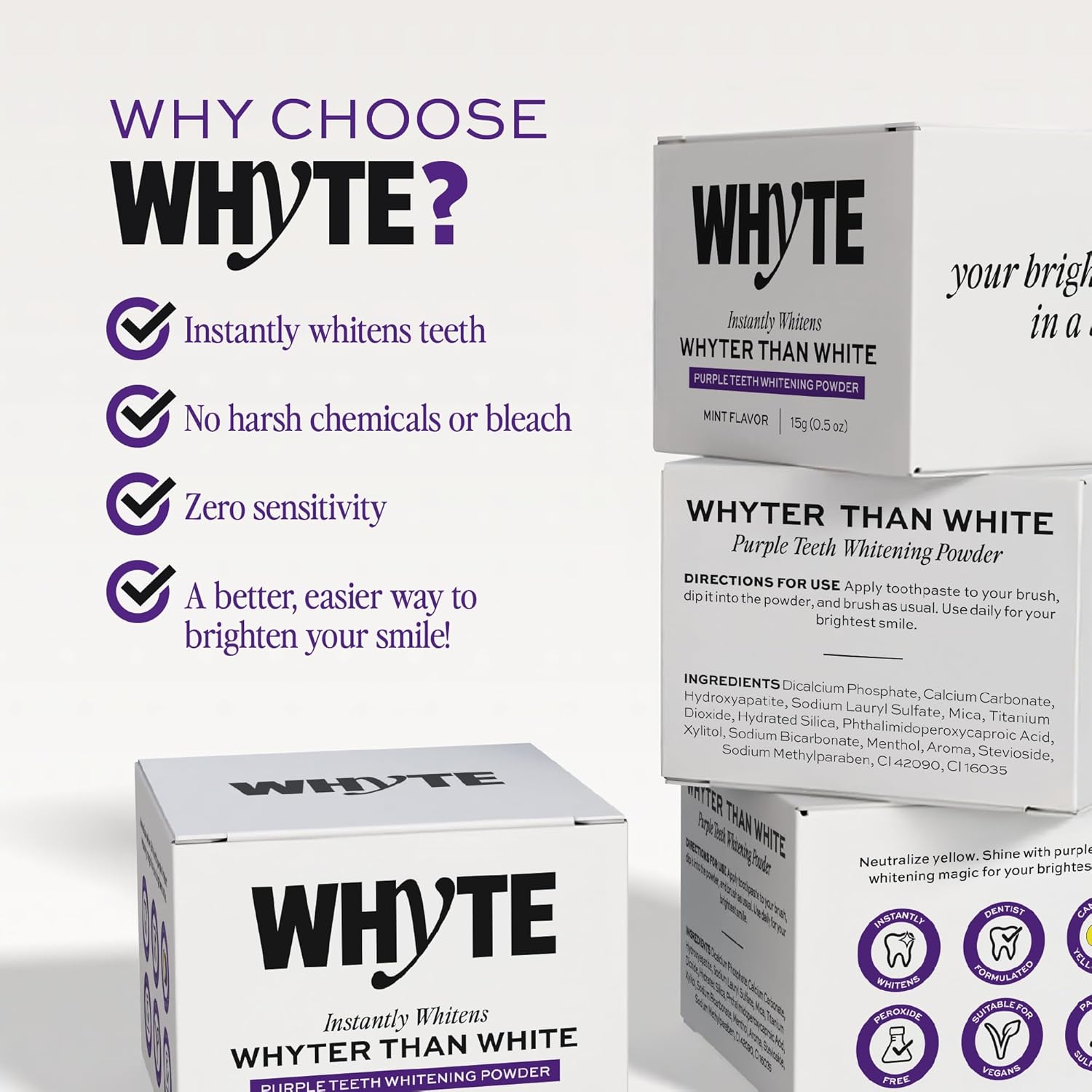 Whyte Professional Purple Teeth Whitening Powder with Xylitol & Hydroxyapatite - Remineralizing Tooth Whitener for Sensitive Teeth - Mint Flavor