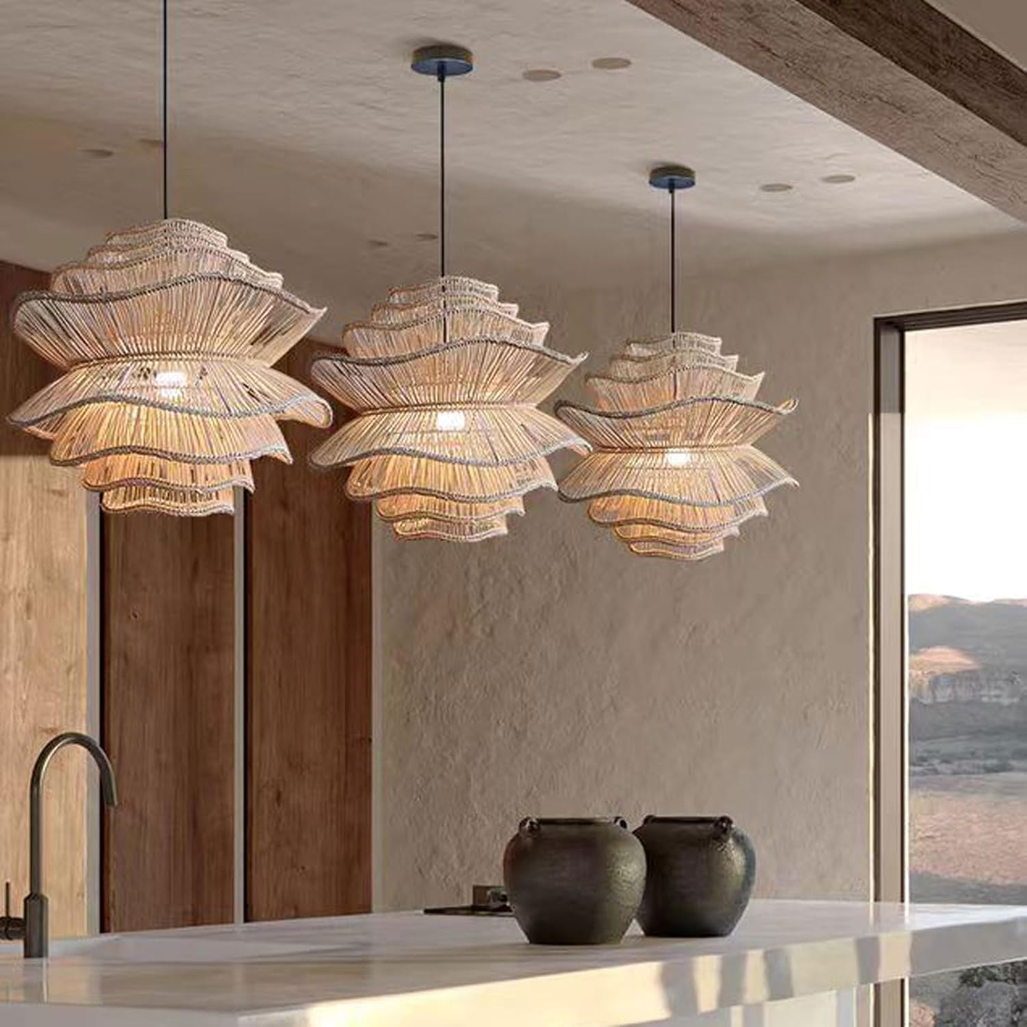 Bohemian Style Rattan Pendant Lightled 30in Hand-Woven Large Hanging Lamp for Villa Hotel Bedroom Dining Room Rattan Chandeliers Modern Coastal Ceiling Lighting Fixture (E26 Base)