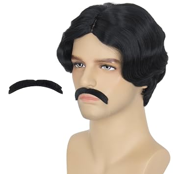 Yan Dream Men Gothic Short Wavy Black Costume Wig with Black Fake Mustache | Classic Finger Waves Hair, Retro Gentleman Wig,Vampire Outfit with Black Stick on Moustache