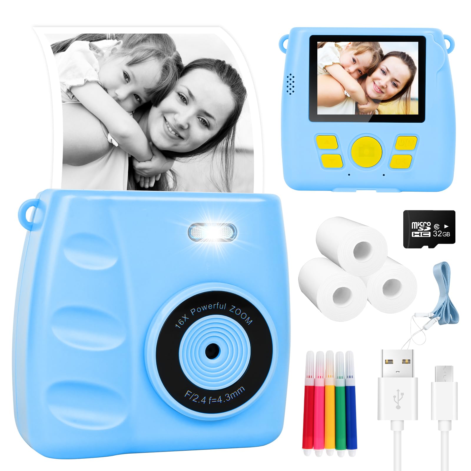 Fotocamera per bambini a stampa istantanea – Fotocamera istantanea 1080P da 6,1 cm, con scheda da 32 G e 3 rotoli di carta fotografica, fotocamera digitale per bambini, giocattoli di Natale e