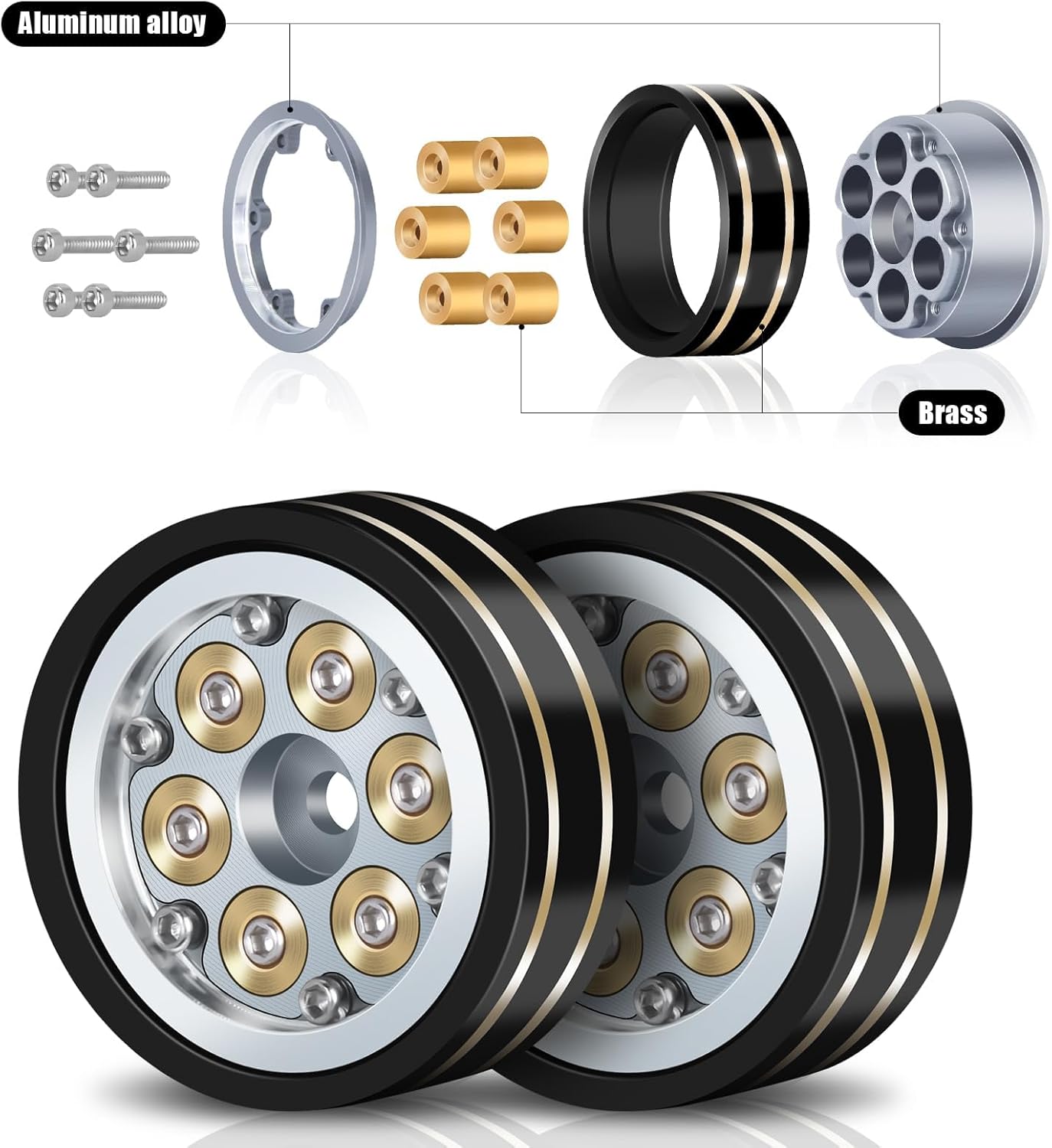 Heavy Brass Beadlock Wheels for 1/24 & 1/18 RC Crawlers, 1.1" RC Rims for TRX4M SCX24 FCX24 Ascent18 with Adjustable Weights, 1mm Offset, 4PCS