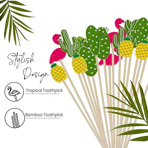 Vista 2 de Palillos de cóctel de flamenco tropical, 200 palillos de bambú de 4.7 pulgadas para bebidas, frutas y decoraciones de fiesta, brochetas de cóctel