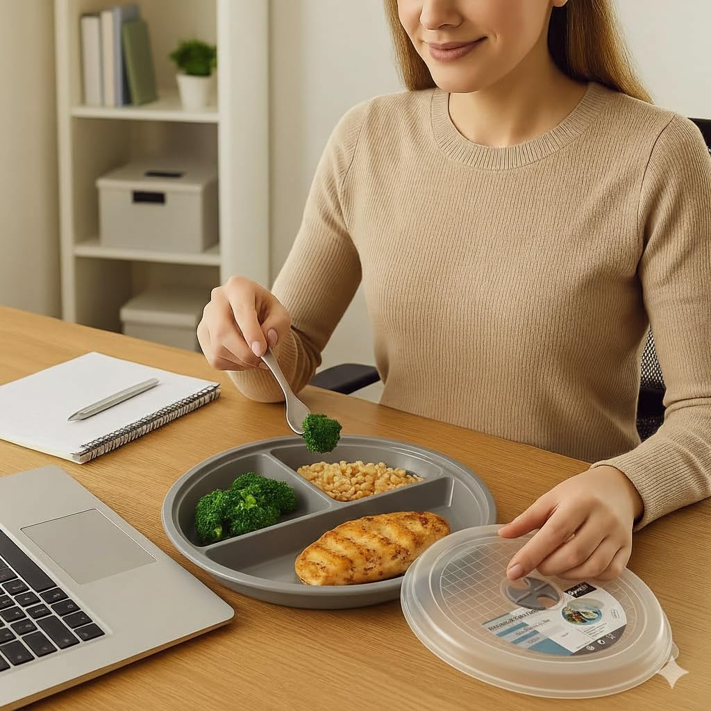 3-Pack Divided Microwave Plates with Vented Lids – BPA-Free Reusable Plates for Portion Control, Meal Prep & Leftovers – Stackable, Freezer & Dishwasher Safe (8.75” x 8.75”) (Gray) - Image 4