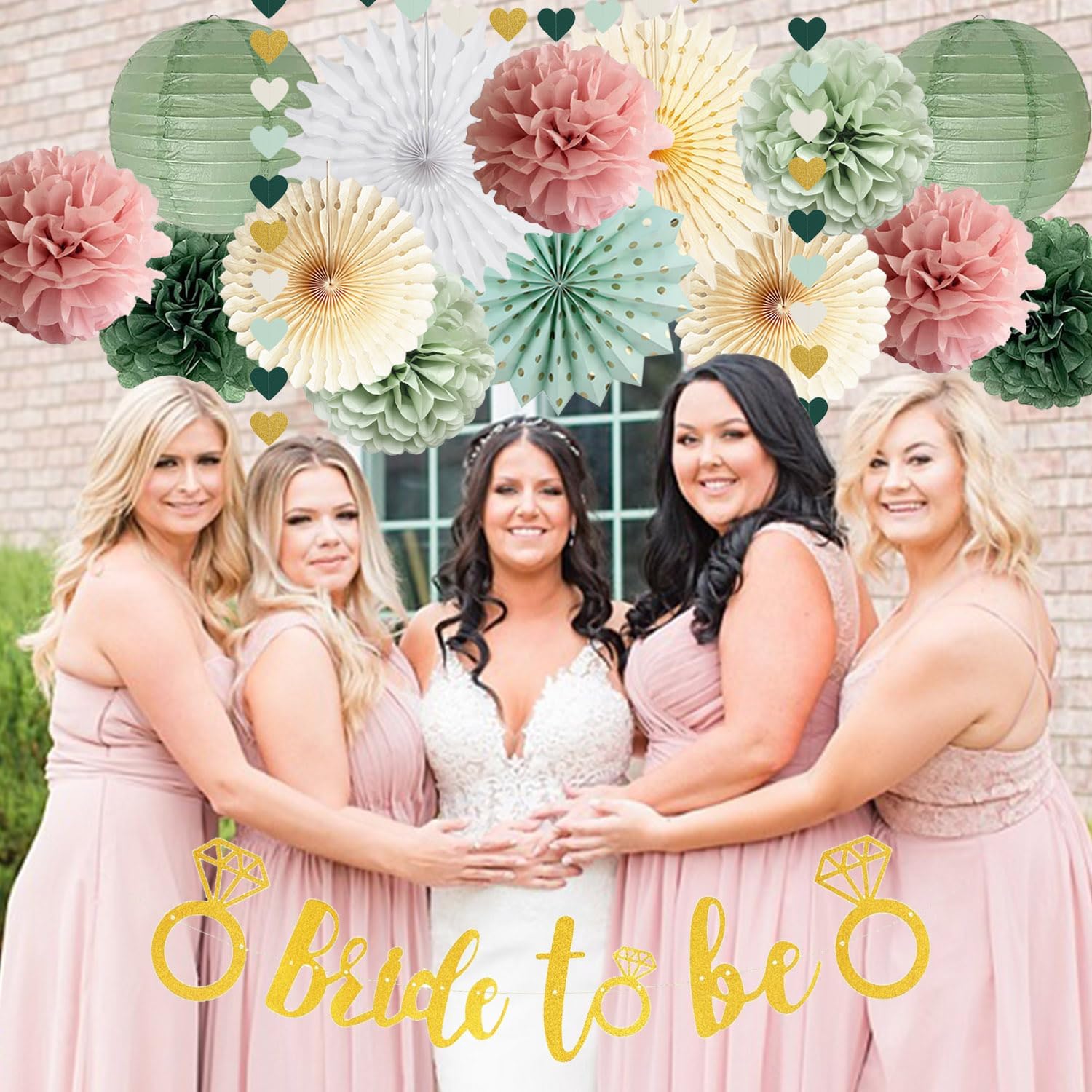 Sage Green Dusty Pink Bachelorette Party Decorations Bride to Be Party Decoration Sage Pink Tissue Pom Poms Paper Lanterns Beige Paper Fans for Wedding Bridal Shower Bachelorette Party Decoration - Image 3