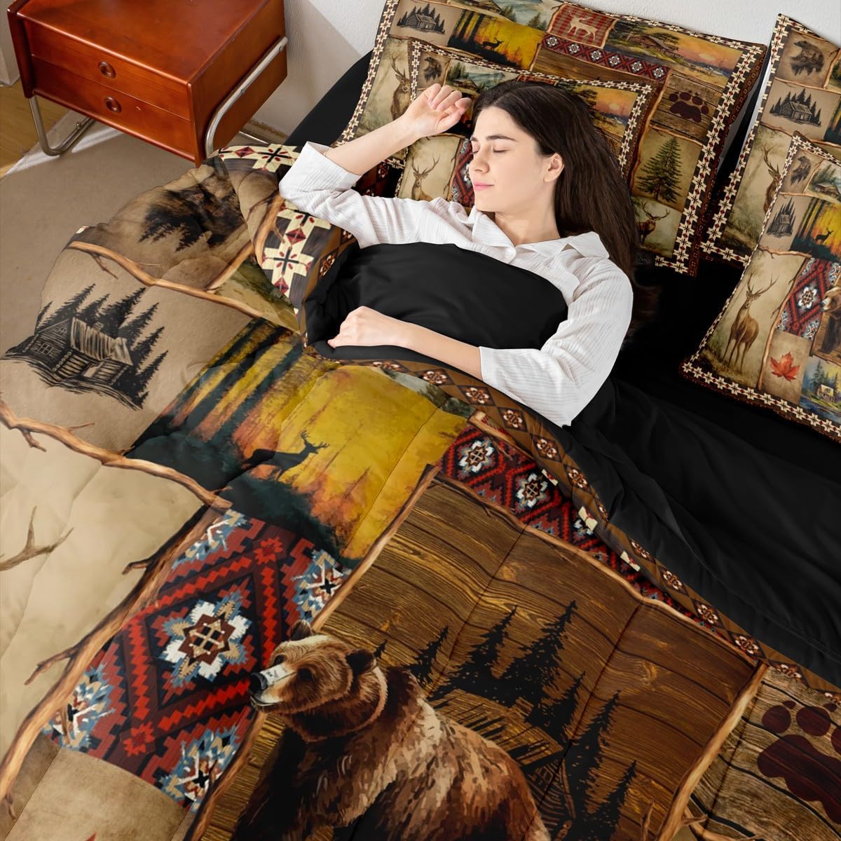 Erosebridal Hunting and Fishing King Size Bedding Set 7 Pcs, Rustic Bear Deer Elk Moose Comforter Set with Sheets, Brown Tribal Buffalo Plaid Bed in A Bag, Southwestern Native Patchwork Bed Sets
