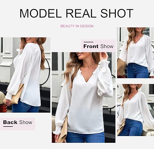 Miniatura 3 de Dokotoo Blusas de gasa para mujer, de manga larga, fruncidas, cuello en V, estilo casual