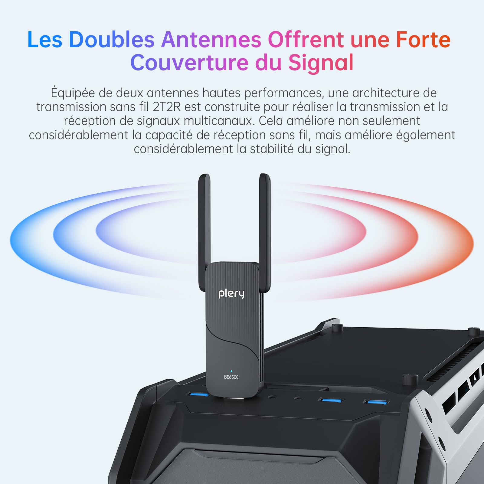 BE6500 Clé WiFi 7 Puissante Adaptateur Réseau sans Fil pour PC Tri-Bande 6GHz 5GHz 2.4GHz USB Longue Portée Antenne à Gain Élevé Dongle Réseau Pilote Intégré Compatible avec Windows 11/10, WPA3
