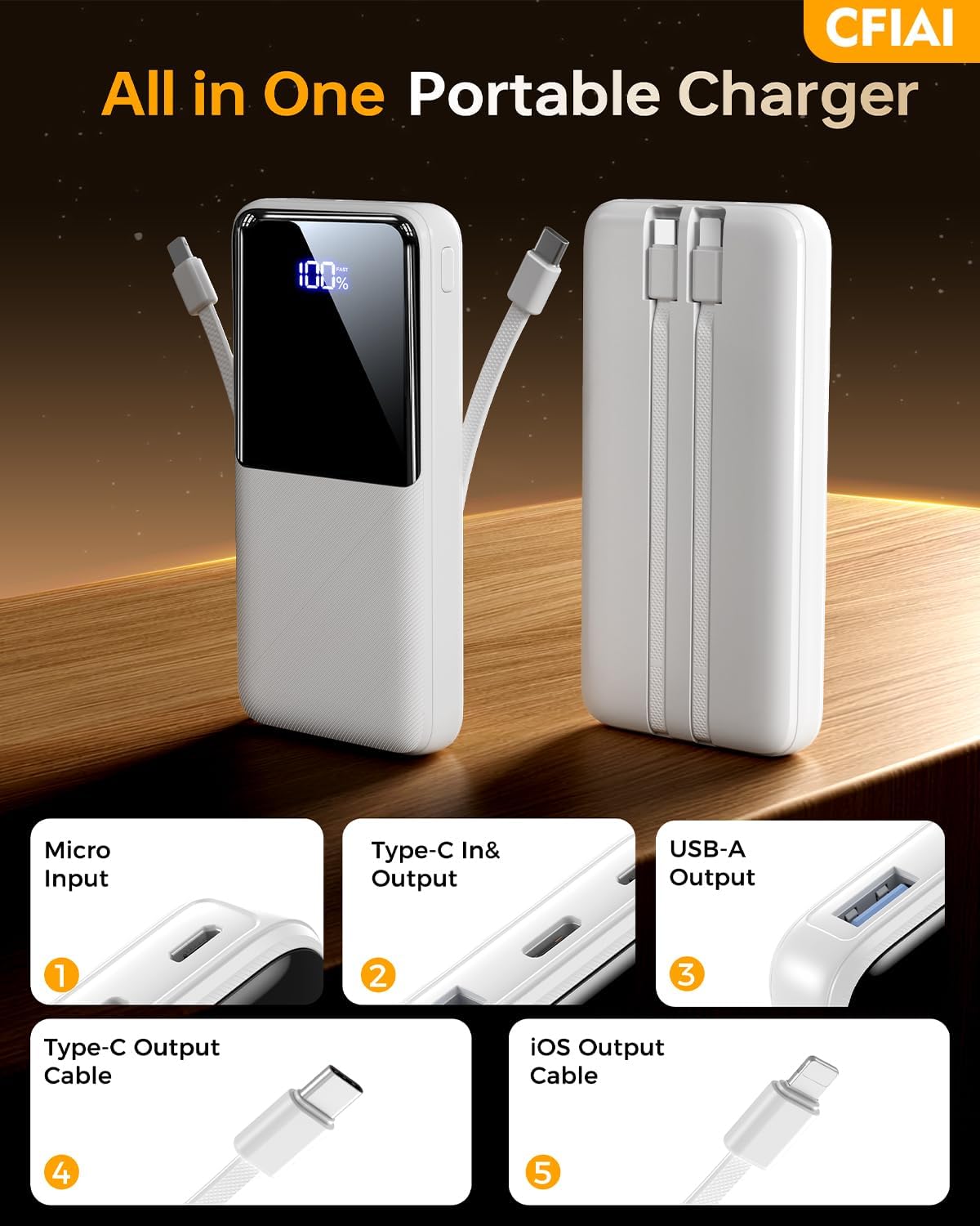 Portable Charger Power Bank - 15,000mAh Battery Pack Portable Phone Charger with Built in Cable 22.5W Fast Charging Powerbank Compatible with iPhone Android Samsung Phone, Travel Camping Essential - Image 2