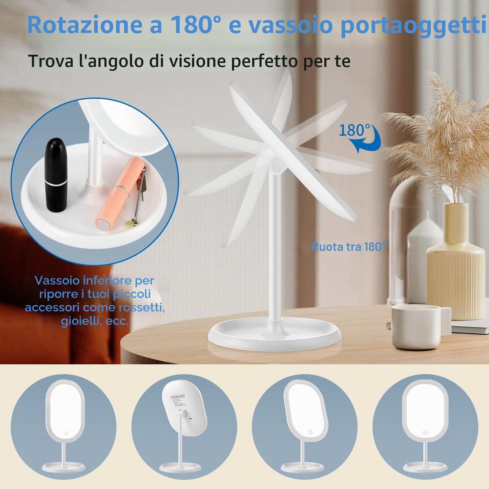 Specchio da trucco a LED, specchio ingrandente 5X staccabile, regolazione di illuminazione intelligente und ricarica USB, specchio da tavolo pieghevole a 180 °, regalo perfetto per un amico