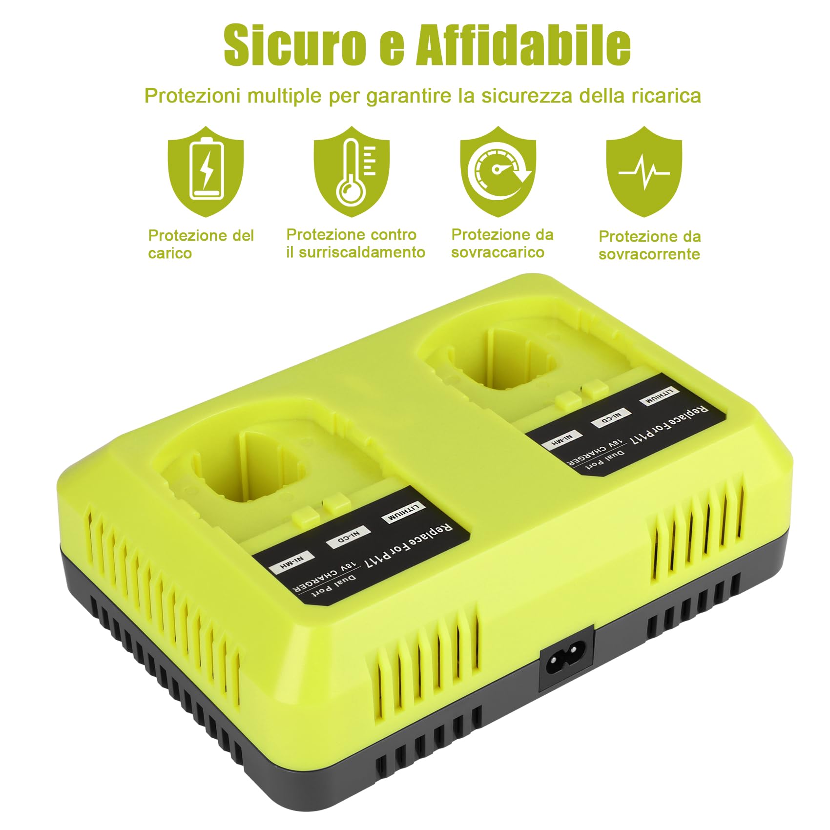 KUNLUN P117 Caricabatterie per Ryobi 18V Batteria, Caricabatteria Sostitutivo a 2 Porte per Ryobi One+ P108 P107 P104 P105 P102 P103 P117 Compatibile con Ryobi Batterie Agli Ioni di Litio/Ni-Mh