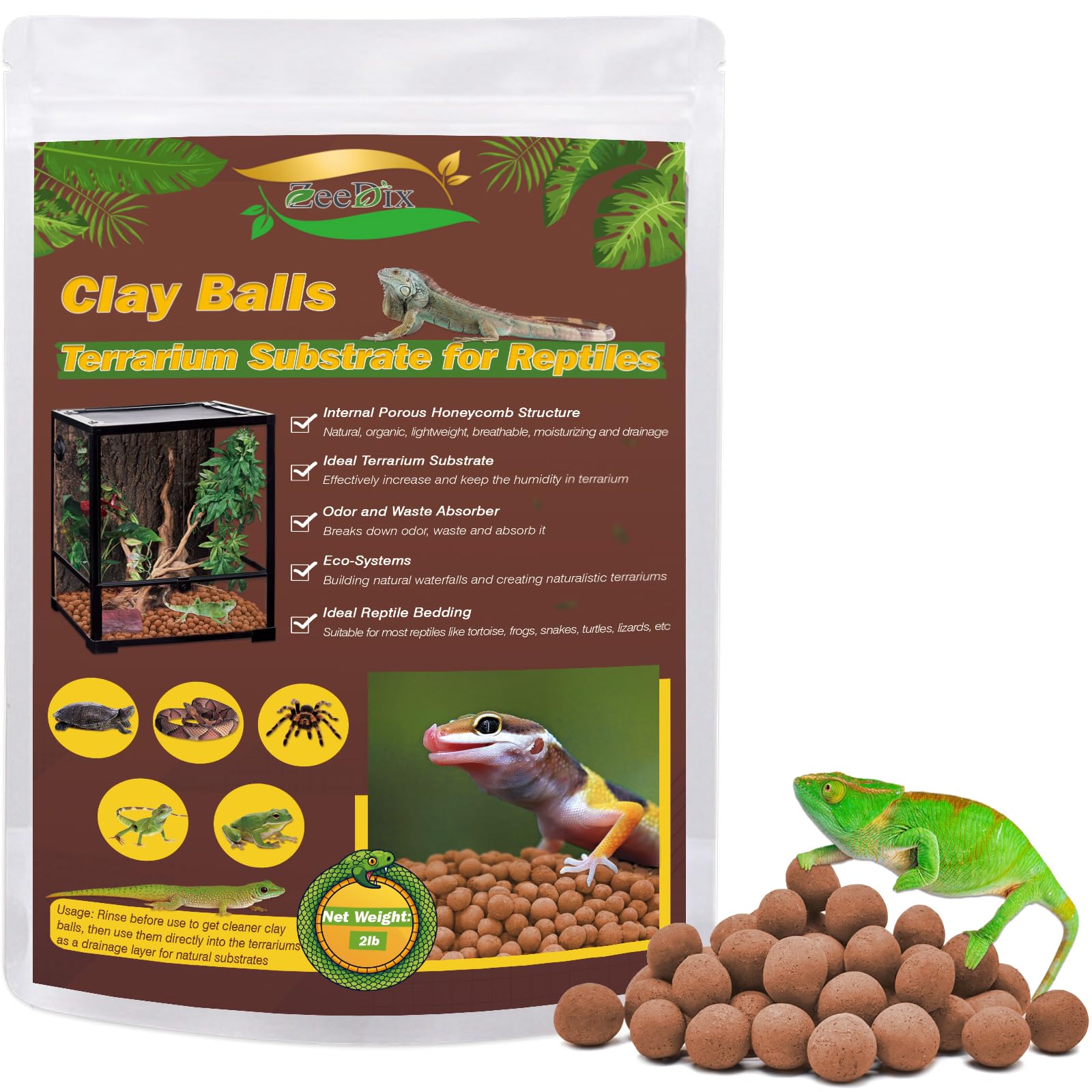 ZeeDix 2 LBS Reptile Substrate Leca Balls - 100% Organic Expanded Clay Pebbles, Ideal Bioactive Terrarium Clay Balls Substrate for Reptile Terrarium Tank, Bearded Dragon, Tortoise, Gecko, Snake & Frog
