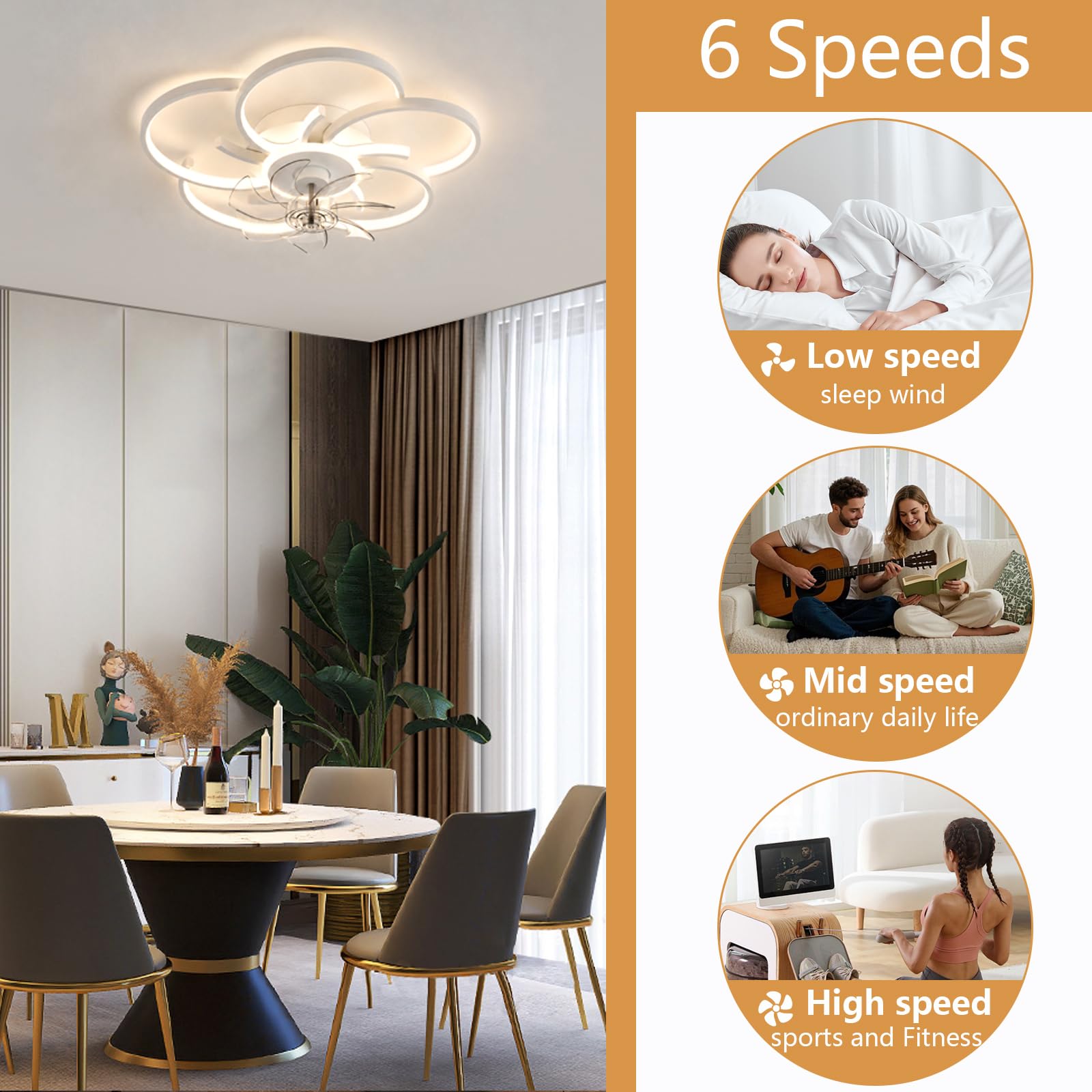 Ventilatore da Soffitto con Luce in Stile Moderno Lampadario Ventilatore con Telecomando Dimmerabile Plafoniera Ventilatore 6 Velocità Reversibile per Soggiorno, Bianco