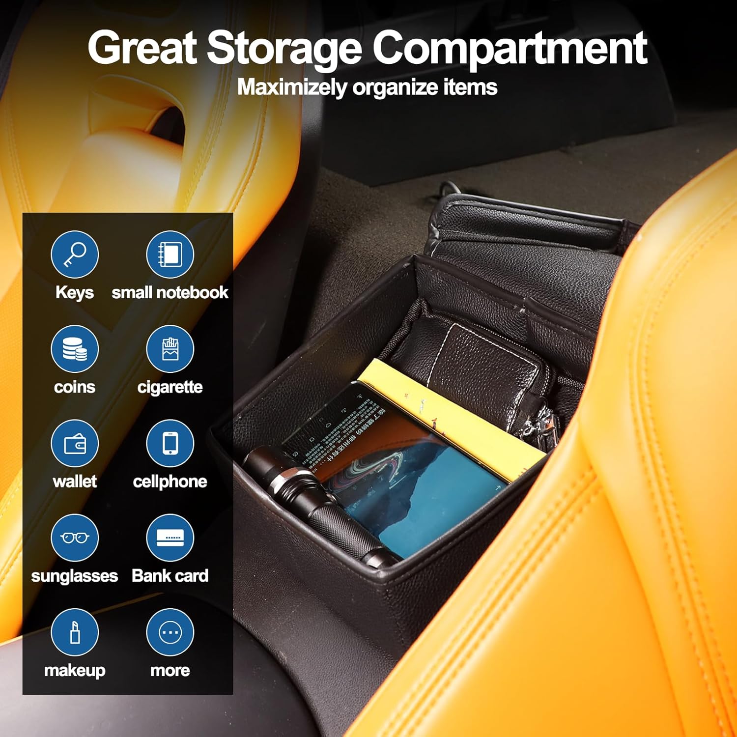 Car Center Console Armrest Back Storage Box Compatible with Corvette C7 2014-2019 Waterproof Foldable Collapsible Large Capacity Stable Armrest Back Seat Organization (Leather)