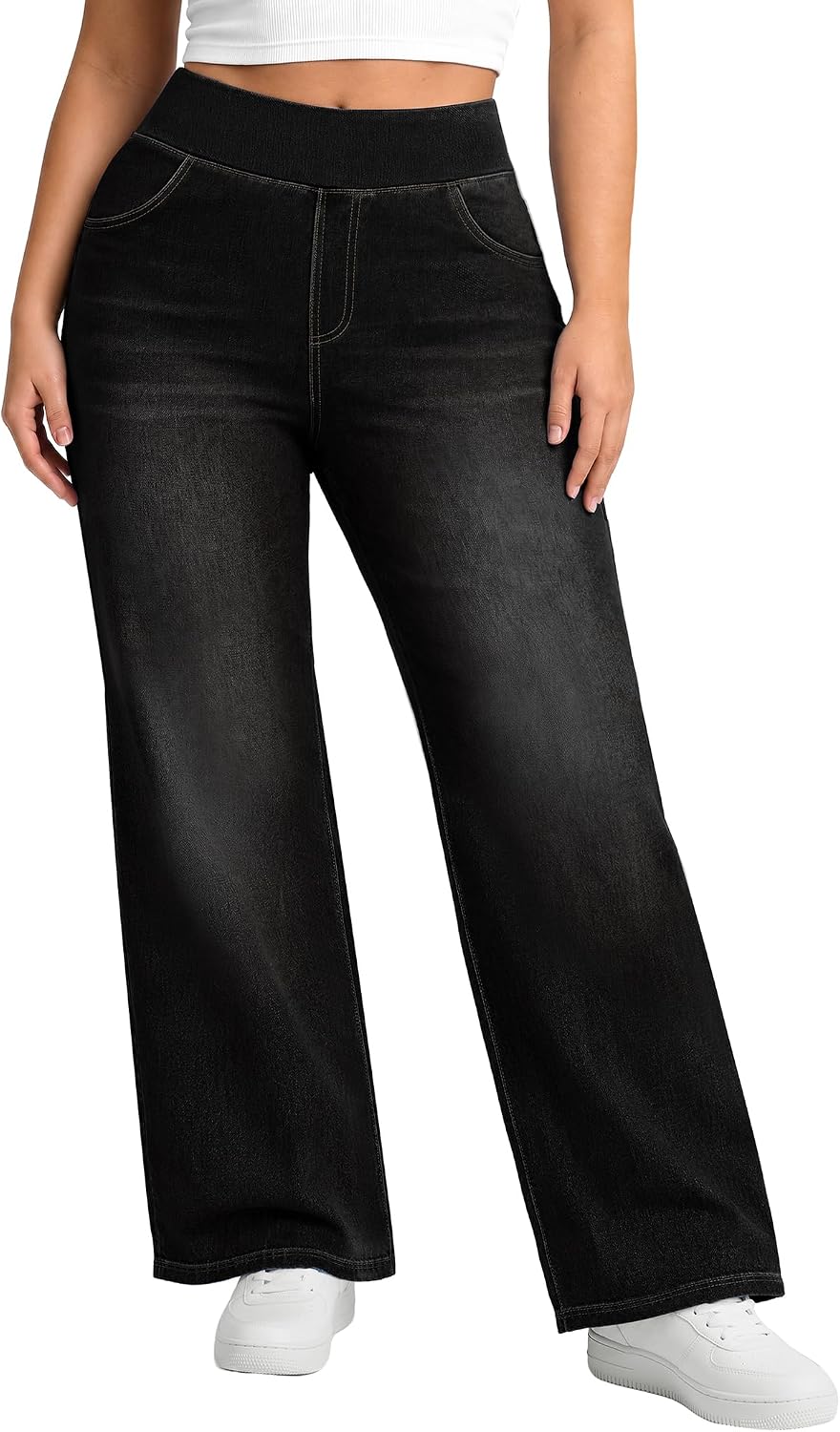 AVAMO Plus Size Jeans for Women Stretchy Wide Leg Pull On Sweatpant Jeans for Curvy Women High Waisted Baggy Denim Pants
