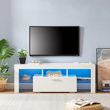 High Glossy LED TV Stand Media Consoles with Open Shelf & Cabinet, Modern TV Stand for 40/45/50/55inch TVs, Living Room Gaming LED Media Cabinet Table with Remote White