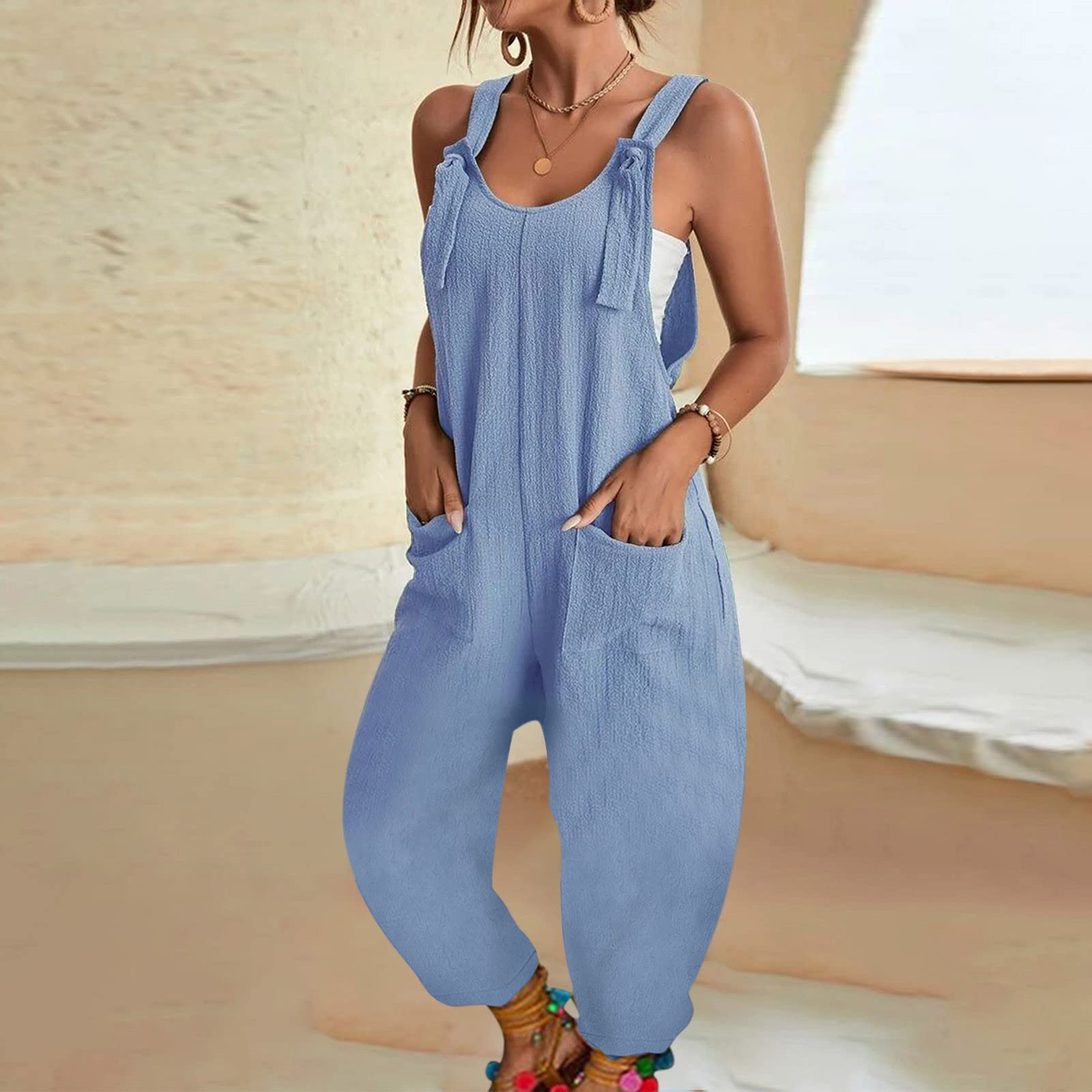 Combinaison Pantalon Femme Chic Et Élégant Jumpsuit Droit Fluide D'été sans Manches Couleur Unie Slim Combipantalon Rompers avec Poches Décontractée Playsuit Pantalon Large Combinaison de Travail Fem