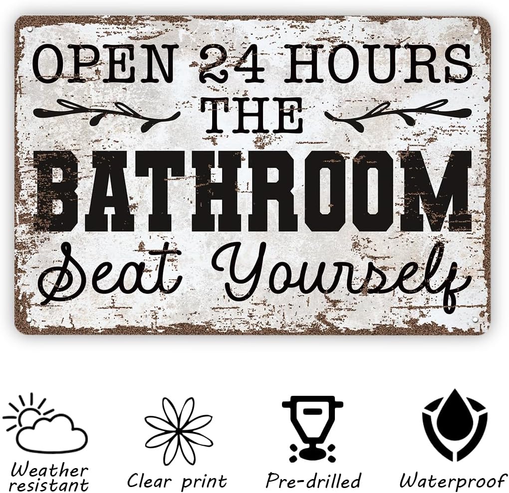 Funny Vintage Metal Tin Signs, Funny Retro Style Plaque, Open 24 Hours The Bathroom Seat Yourself, Vintage Farmhouse Bathroom Decor, Home Decoration, Housewarming Gift, 11.8 * 7.9Inch image 3