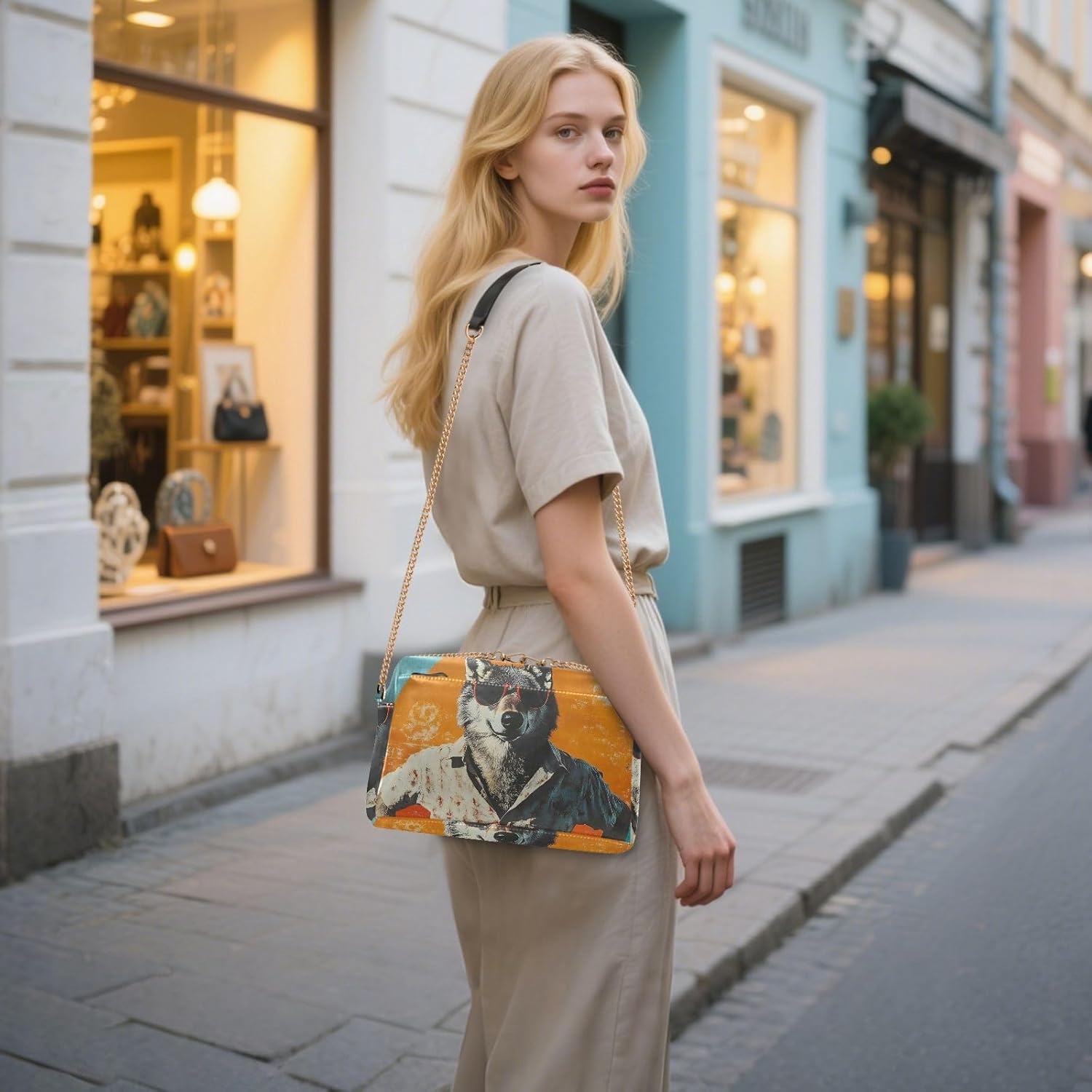 Women Crossbody Bag Shoulder Handbag Cellphone Purse Aloha Wolf Print, PU Leather Metal Chain Strap Water Resistant Zipper Closure