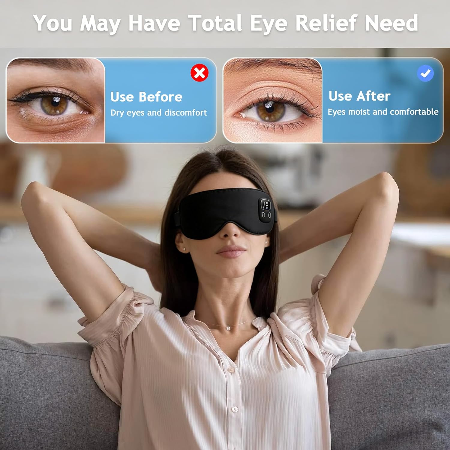 Cordless Heated Eye Mask, Rechargeable Sleep Mask with 4 Heat Levels, Timer, Light Blocking Design, Washable Cover, Soft Eye Mask for Daily Relaxation