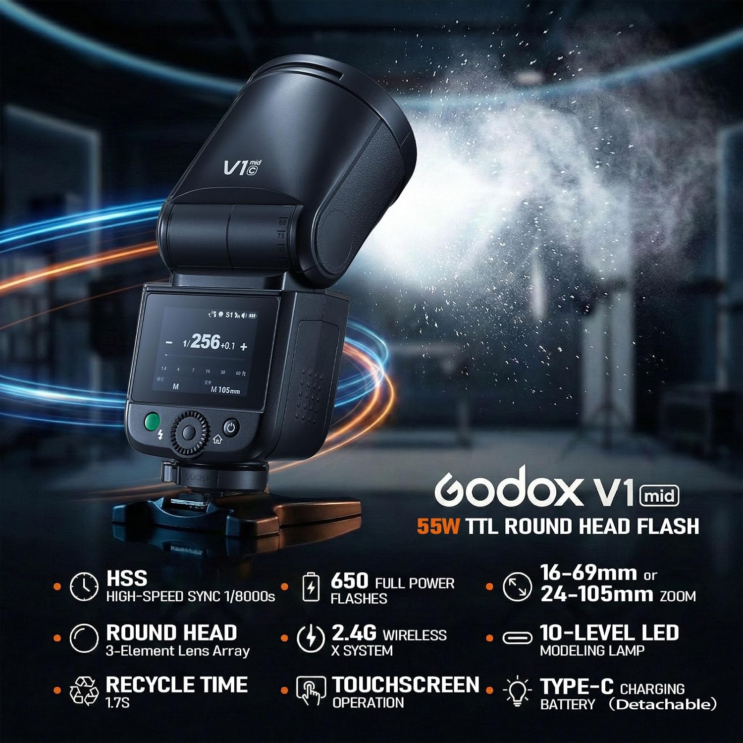 Godox V1 MID F Flash for Fuji, 55W Round Head Speedlite Touchscreen, 650+ Full Power Pops, 1.7s Recycle, TTL/HSS 1/8000s V1MID Lightweight Travel Flash for Fujifilm X-T5 X100VI X-H2 X-S20 Fits AK-R1