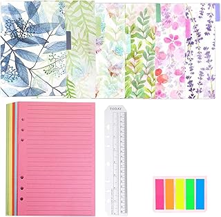 QincLing Refillable A5 Notebook Set，1 Pack 50 Sheets 6 Holes Loose-Leaf Lined Refill Paper, 6 PCS PVC Binder Index Dividers Subject Dividers, Ruler And 125 Pcs Note Flags Index Tabs
