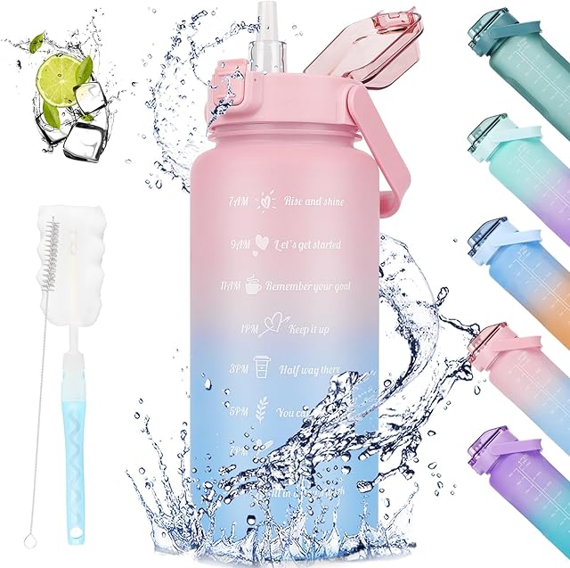 AOHAN 2 Litre Water Bottle, Time Markings and Straw Motivational Sport BPA Free Drinking Leak Proof Bottle 2L Ideal for Outdoor School Fitness Gym (Pink-blue gradient)