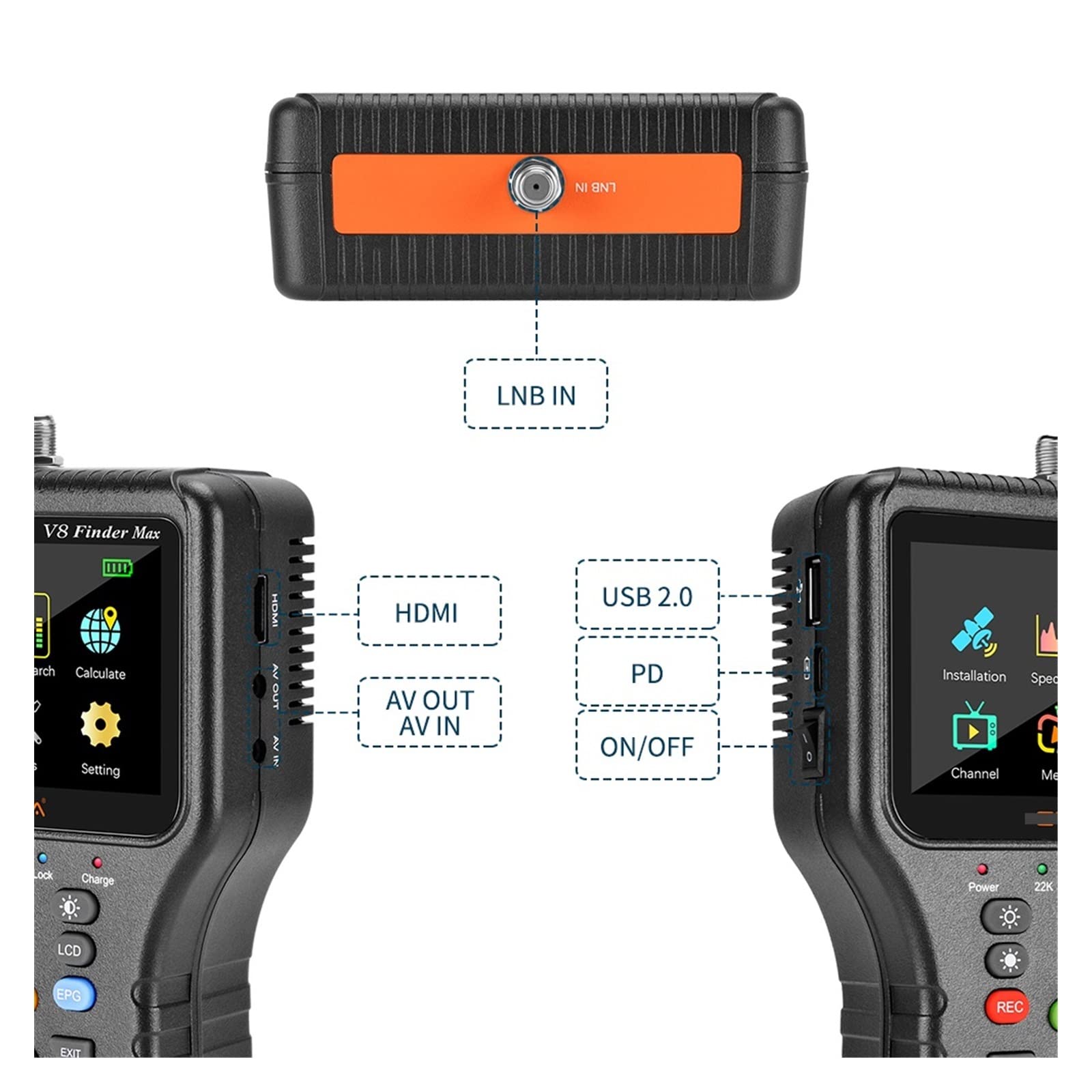 Recherche de Signal Satellite numérique, V8 Finder Max Détecteur de Signal Satellite DVB-S/S2/S2X H.264/H.265 (8 Bits) Localisateur de Satellite 4,3 Pouces HD Récepteur de signaux