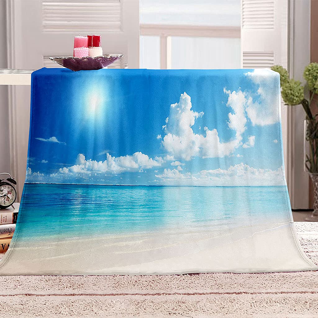 Manta De Franela De Microfibra 150X200Cm Manta De Felpa Suave Para Sofá Cama 3D Cielo Azul Y Paisaje Marino De Nubes Blancas. Impresión Patrón Manta Polar Invierno Gruesa Y Esponjosa Caliente Trans
