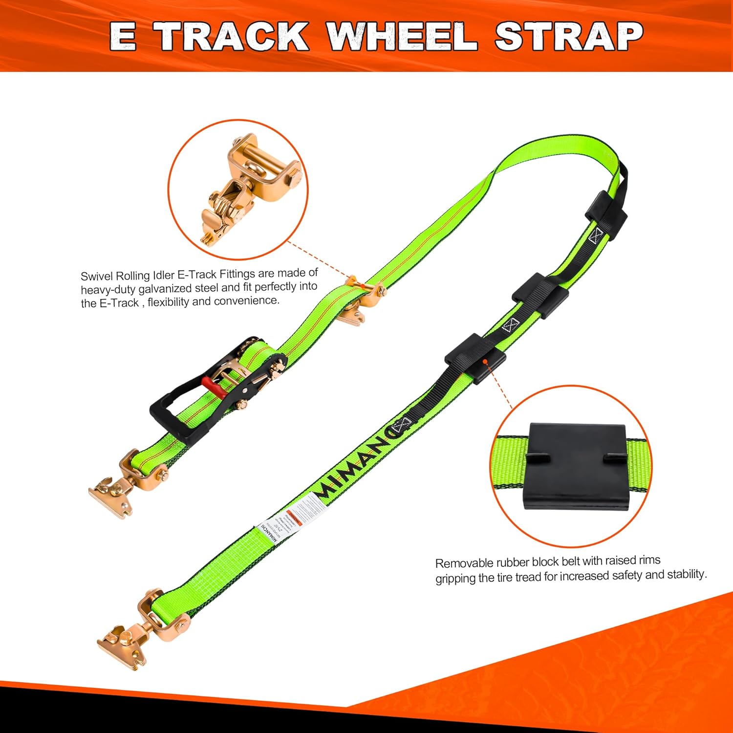 2" x 10' E Track Tire Straps,4Pack,Wheel Straps with E-Track Idler Swivel Anchors Vehicle Hauler,Car Tie Down Straps for Trailers with 3 Rubber Blocks for Towing Car, ATV,UTV - Image 6