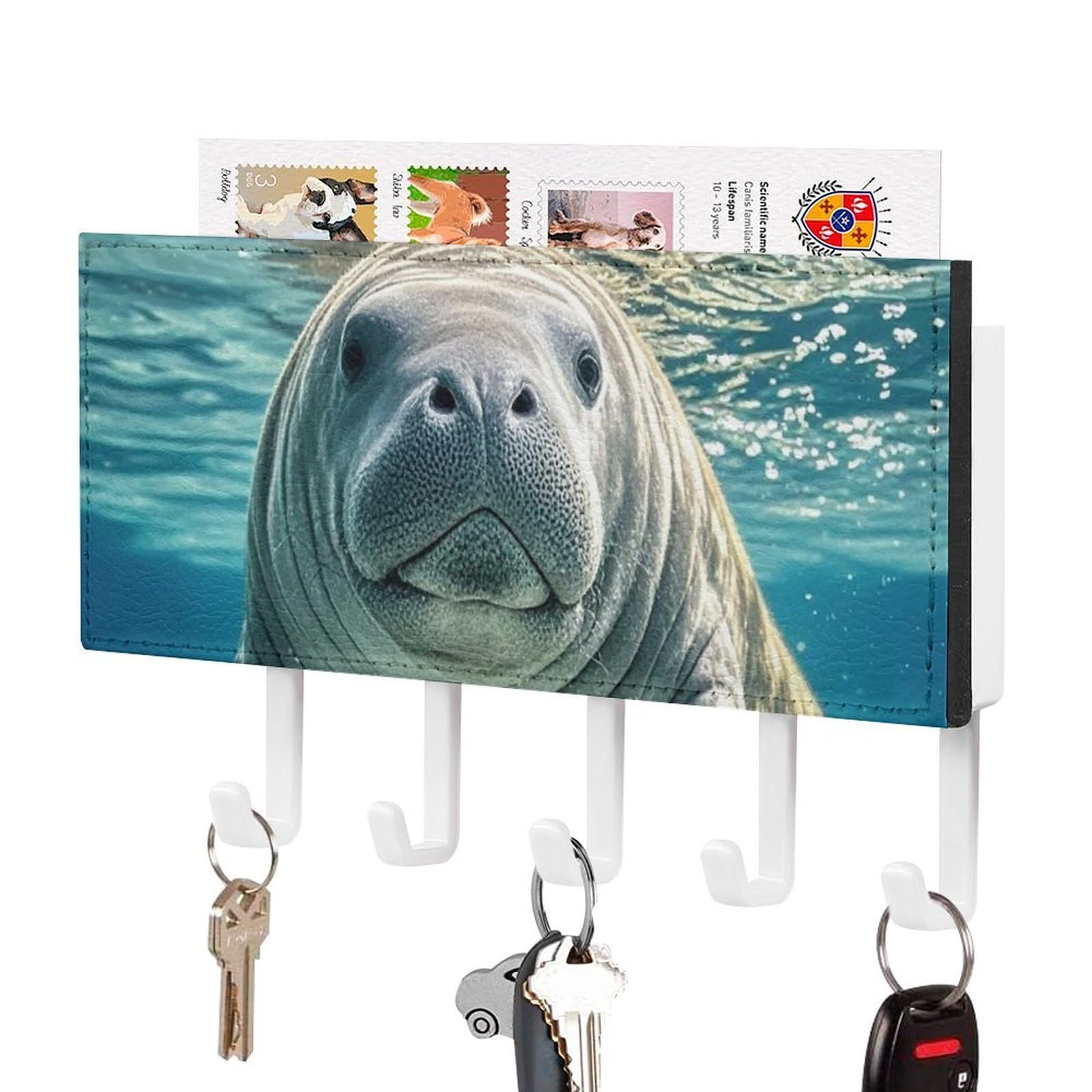 FekiLoot Ocean Animal Manatee Key Holder Wall Mount Key Hanger with 5 Hooks Decorative Key Rack Hanging Key Hooks with Mail Organizer Key Holder for Wall Living Room Kitchen Bathroom Hallway White
