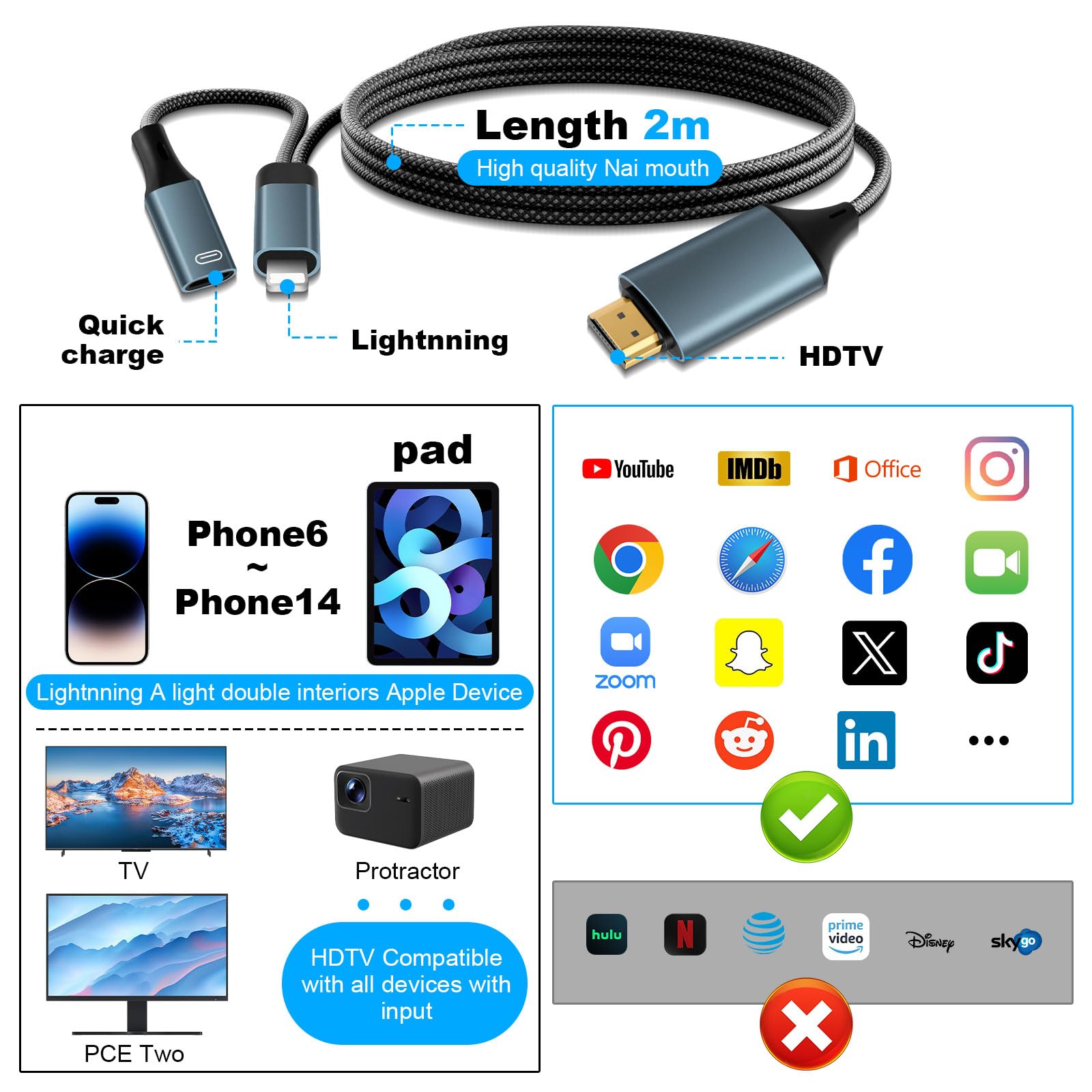 Cavo Lightning HDMI 2 m per iPhone 14/13/12/11/XS/XR/8, 1080P Full HD Digital AV Adattatore Compatibile con iPad e iPod, TV Streaming, Plug & Play, nessun supporto per iPhone 15/16 e Netflix