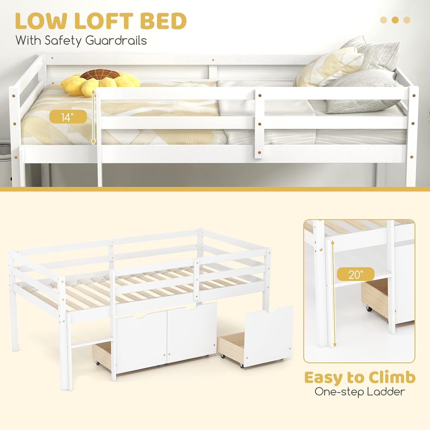 KOMFOTT Twin Low Loft Bed with 3 Storage Drawers, Wood Platform Bed Frame with Safety Guardrail & Ladder, Loft Bed Frame for Boys Girls & Junior, No Box Spring Needed (White)