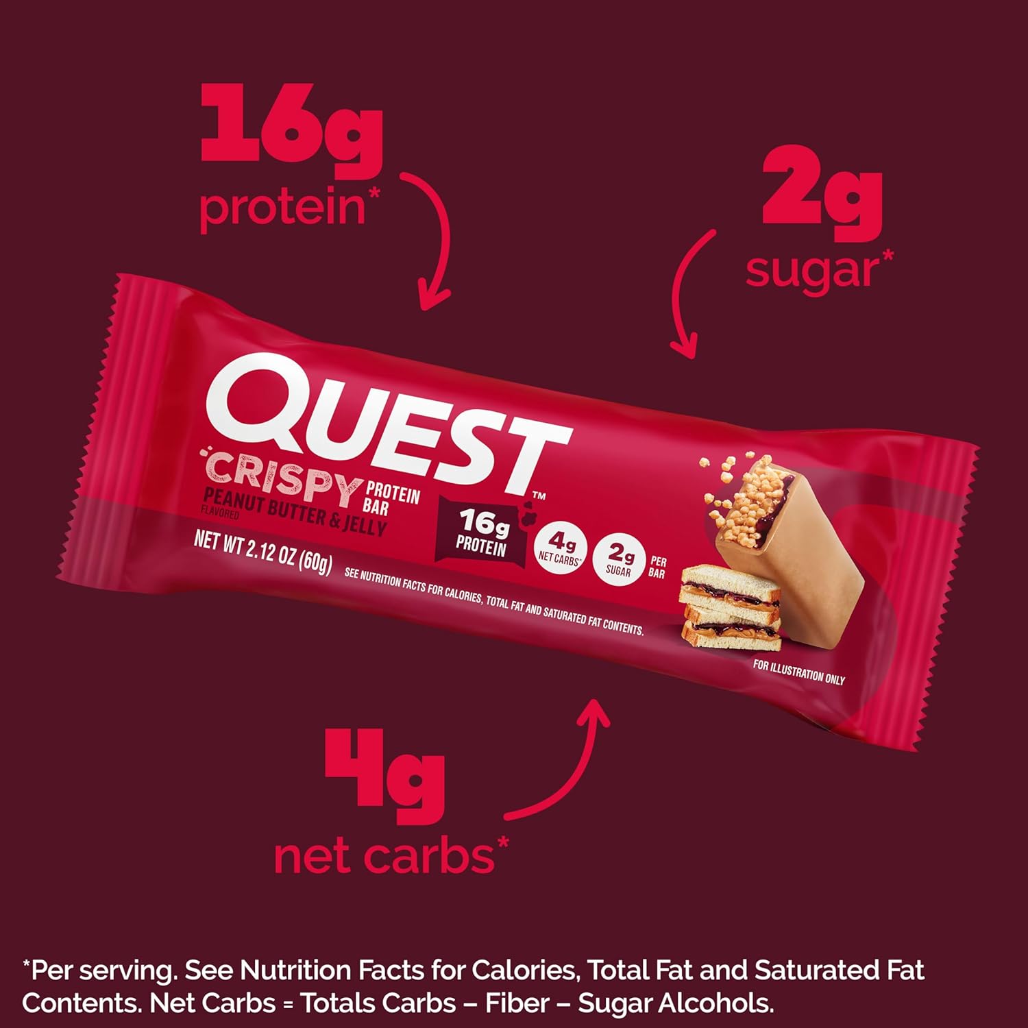 Quest Nutrition Crispy Peanut Butter & Jelly 16g Protein Bar, 2g Sugar, 4g Net Carbs, Gluten Free Snack, Keto Friendly, 12 Count