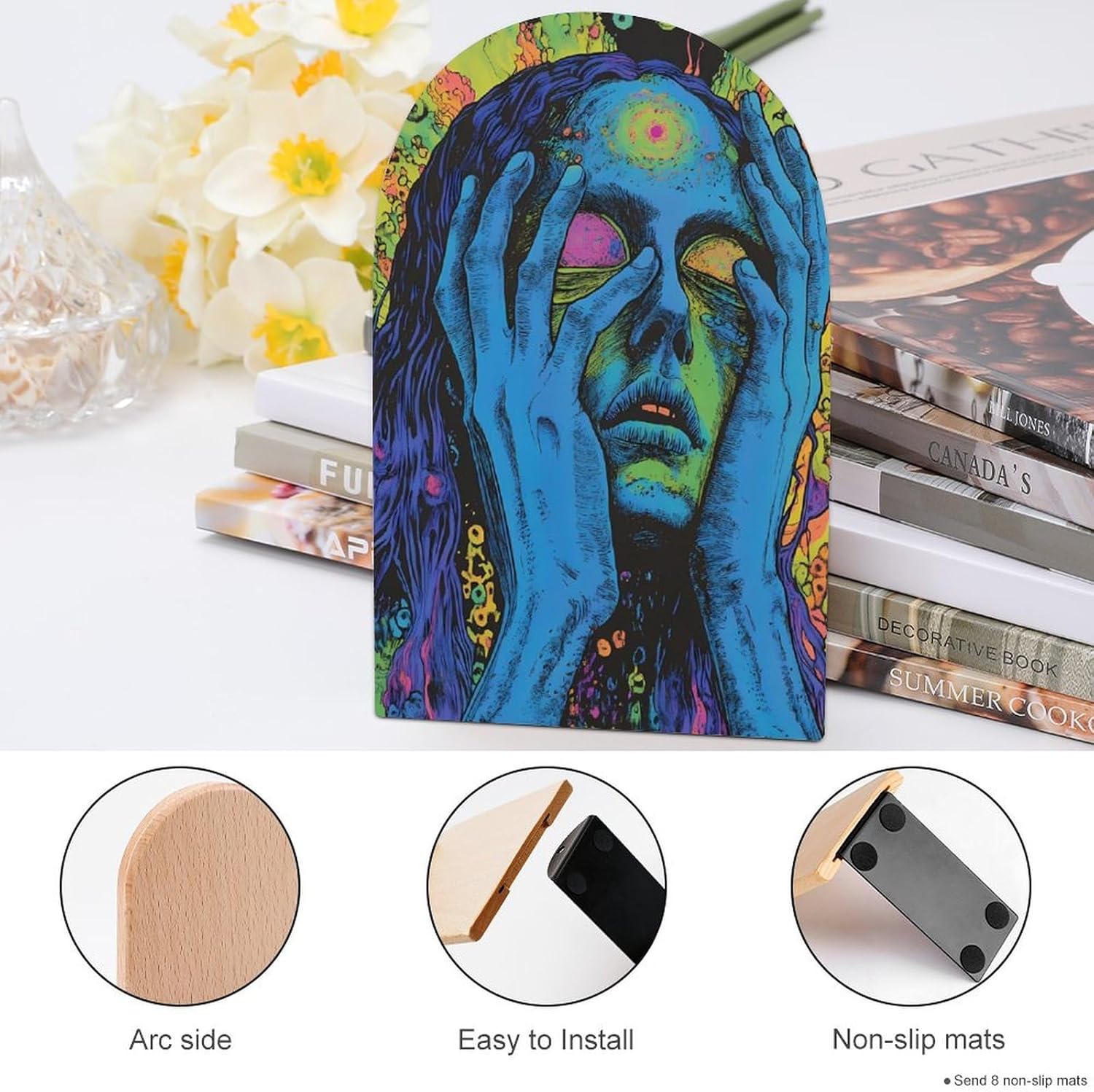 Stream Glitchy Trippy Psychedelic Music Cute Wood Book Ends Decorative Bookends 1 Pair Non-Skid for Shelves Home Office 7 X 5 Inch